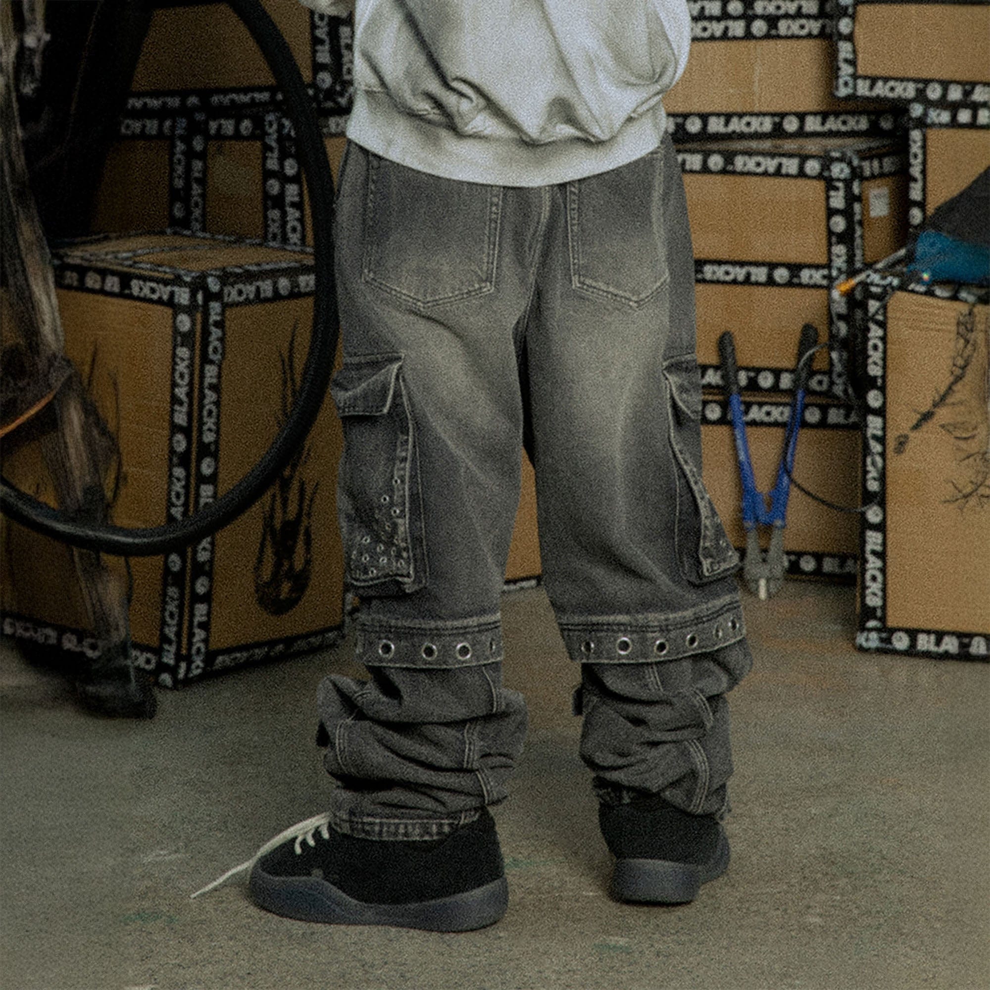 BLACK8MOB Washed Multi-Pocket Grommet Stacked Cargo Jeans-Jeans-XS-Free Shipping Leatheretro