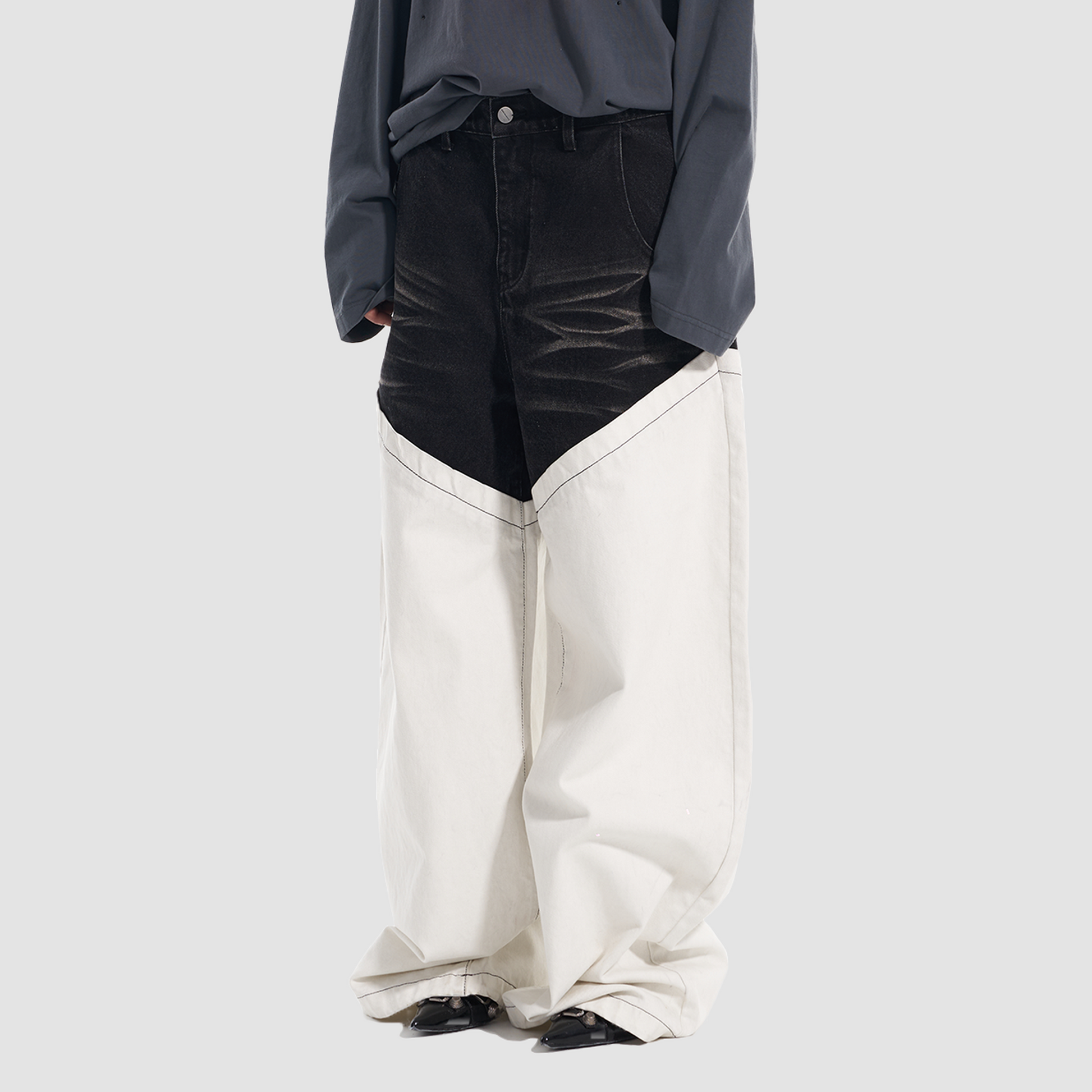 VANN VALRENCE Washed Contrast Panel Oversized Jeans-Jeans-S-Free Shipping Leatheretro