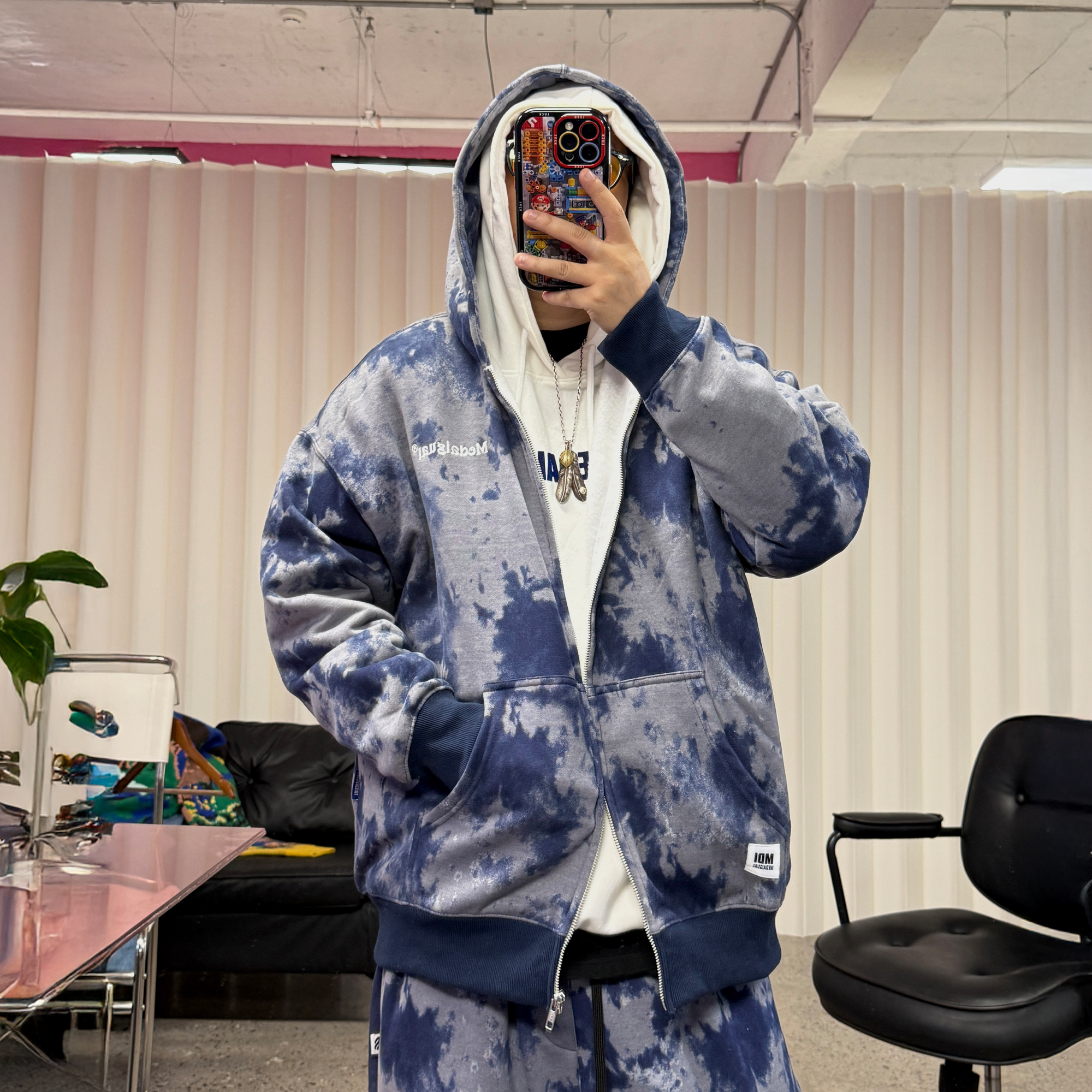 ME DA IGUAL Tie-Dye Fleece-Lined Zip-Up Hoodie-Jacket-M-Free Shipping Leatheretro