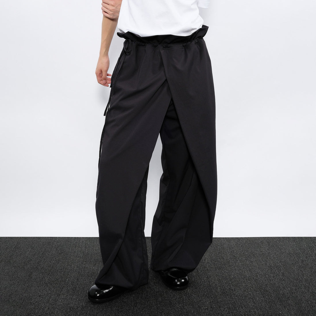 7440 37 1 Asymmetrical Overlay Drawcord Ruffled Waist Trousers-Pants-S (Preorder)-Free Shipping Leatheretro