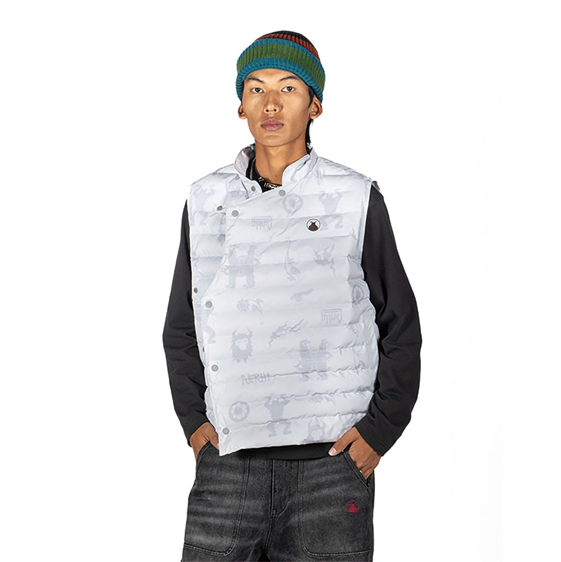 NERHI Asym Button Full-Print Down Vest-Vest-S-Light Gray (Preorder)-Free Shipping Leatheretro