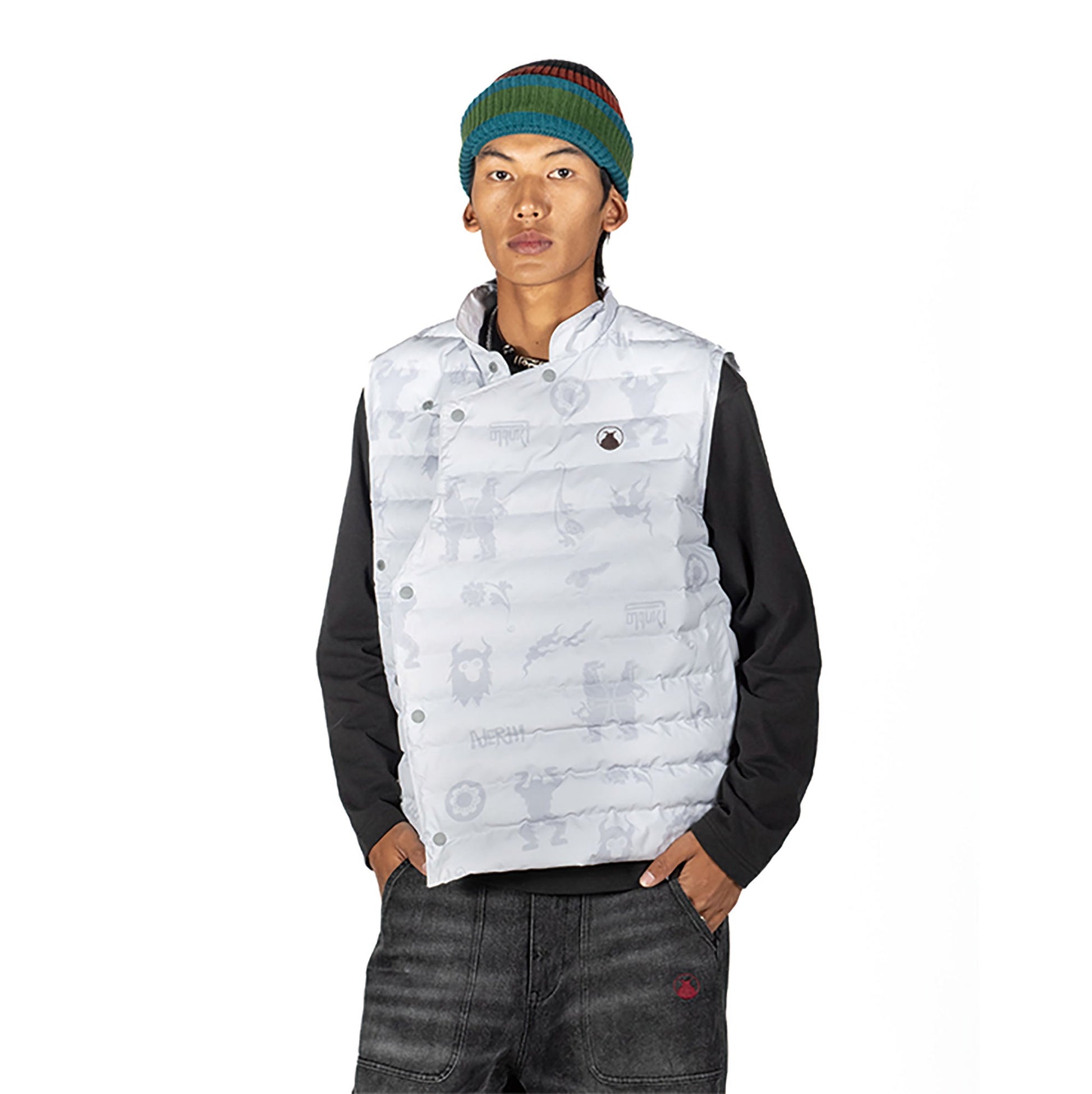 NERHI Asym Button Full-Print Down Vest-Vest-S-Light Gray (Preorder)-Free Shipping Leatheretro