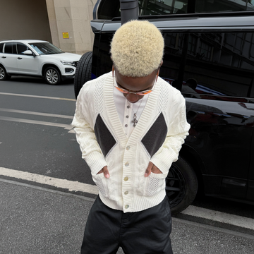 STEEPC Retro Cable-Knit Argyle V-Neck Cardigan-Jacket-S (1)-Free Shipping Leatheretro