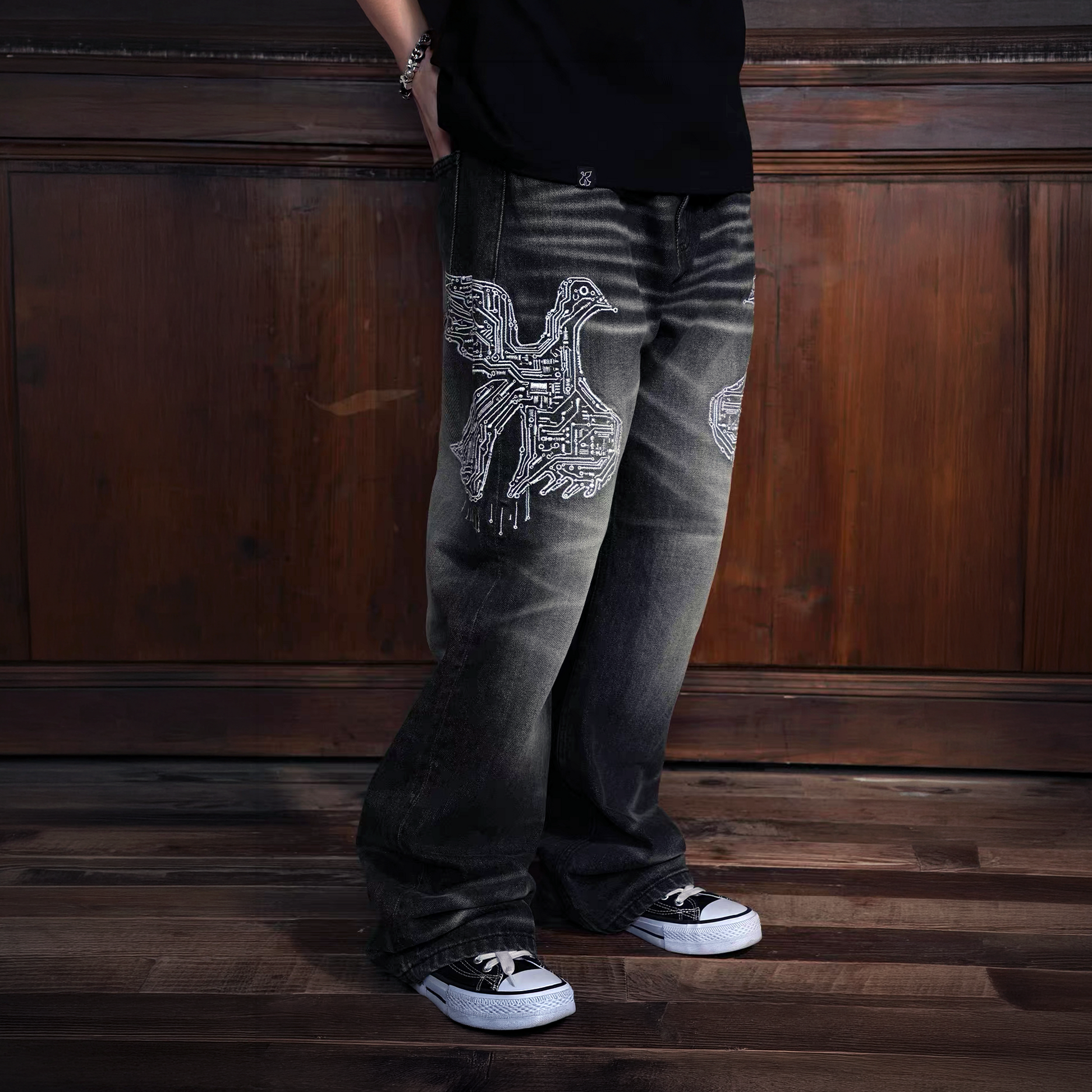 VINKID Faded Pigeon Embroidered Jeans-Jeans-S / 31"-Free Shipping Leatheretro