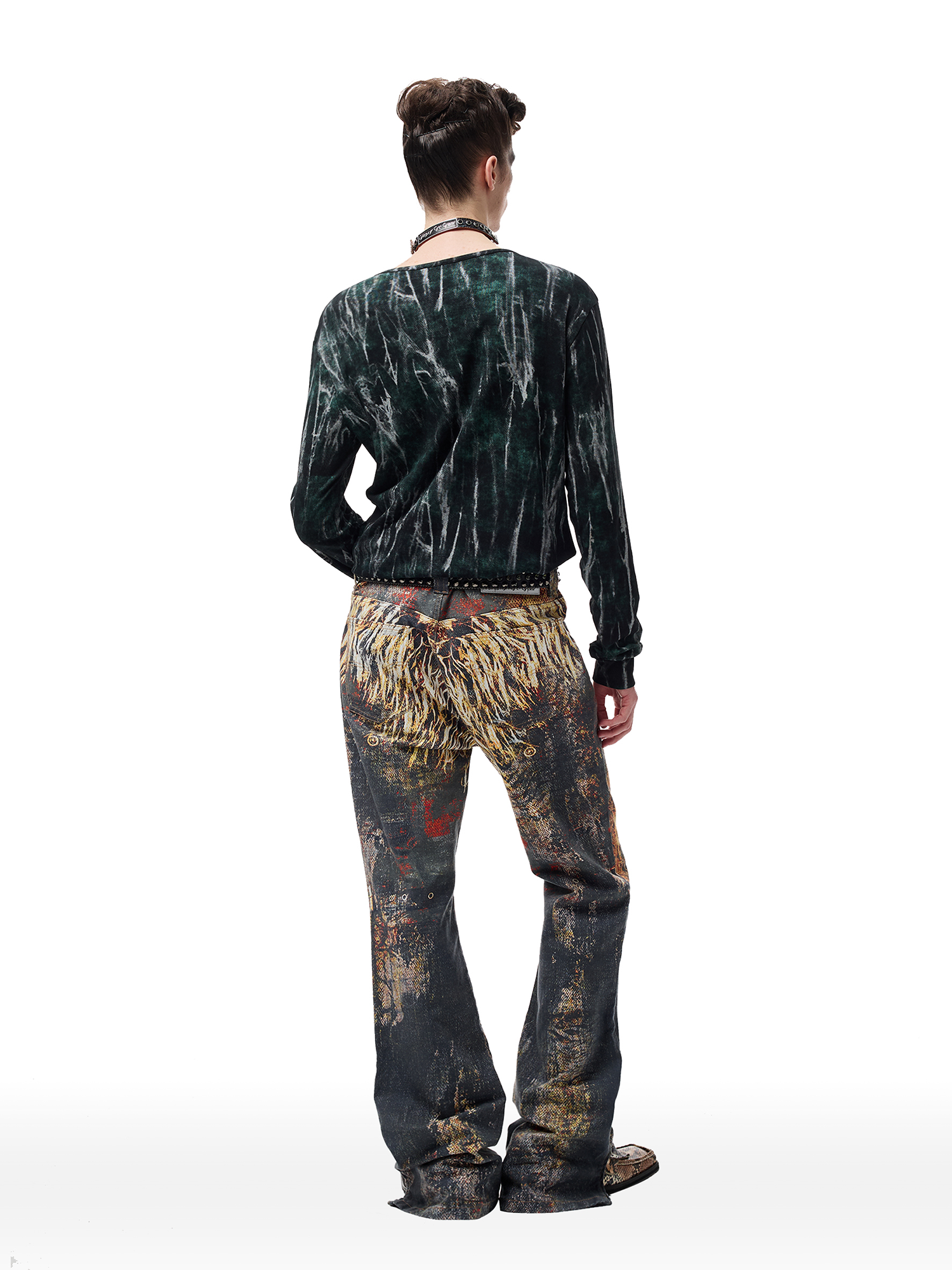 CYCYCY Feather Full-Print Slim Flared Jeans-Jeans-XXS / 27"-Free Shipping Leatheretro