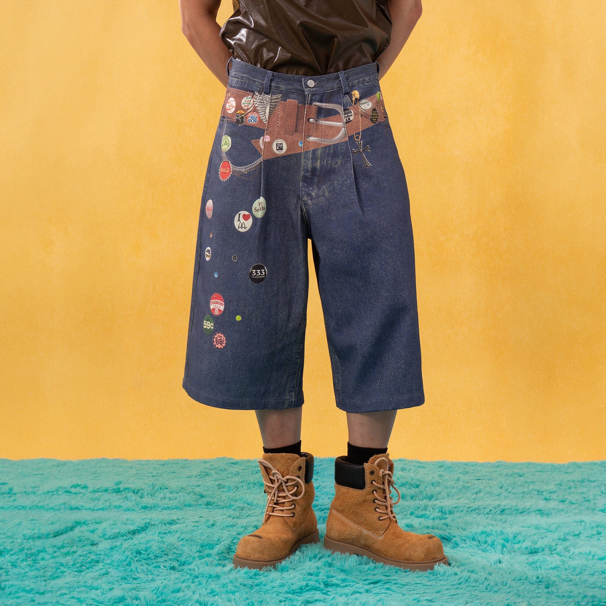 CLP Badge Belt Graphic Cropped Denim Shorts-Shorts-S-Free Shipping Leatheretro