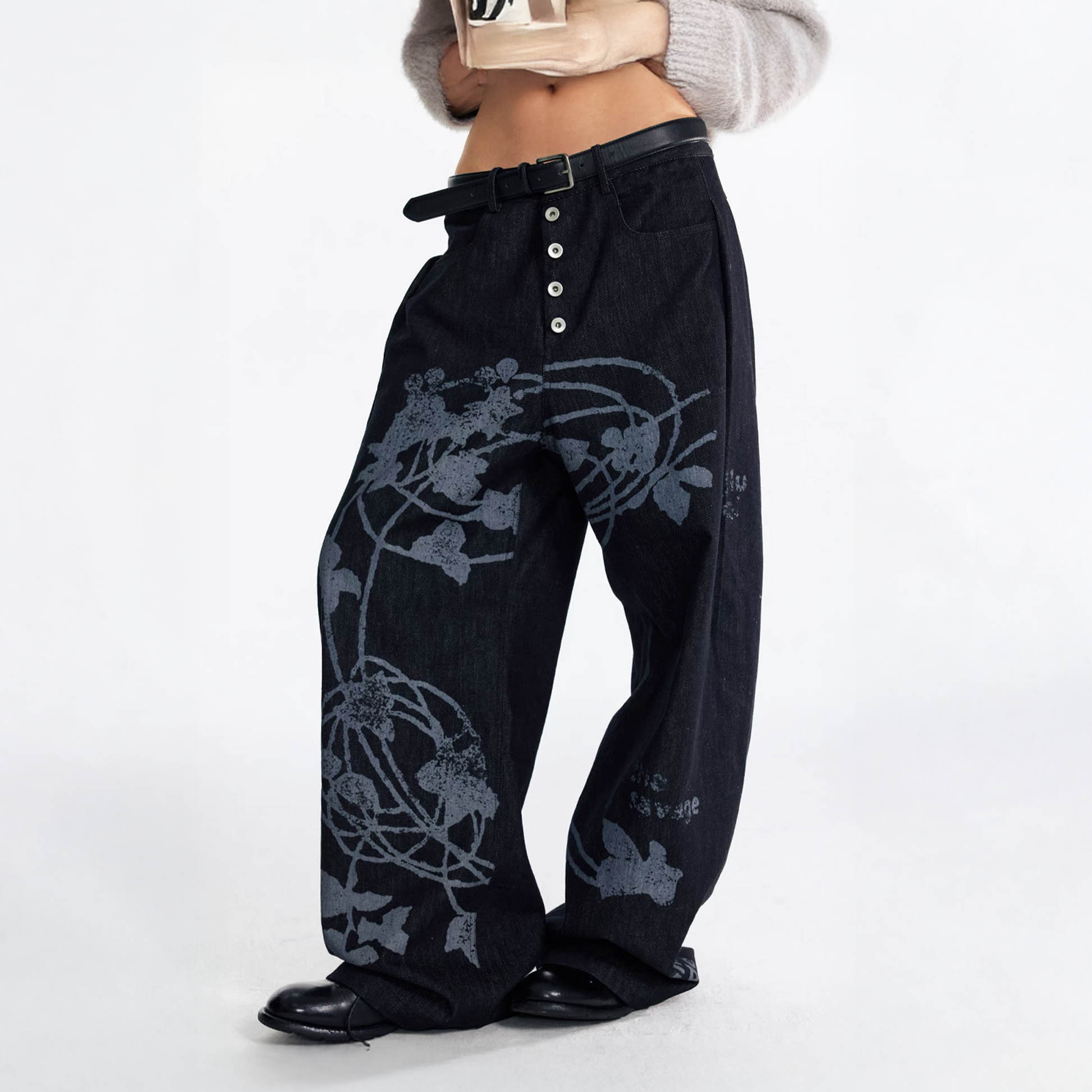 1997 POSTOFFICE Lilac Vine Full-Print Curved Jeans-Jeans-S-Dark Blue-Free Shipping Leatheretro