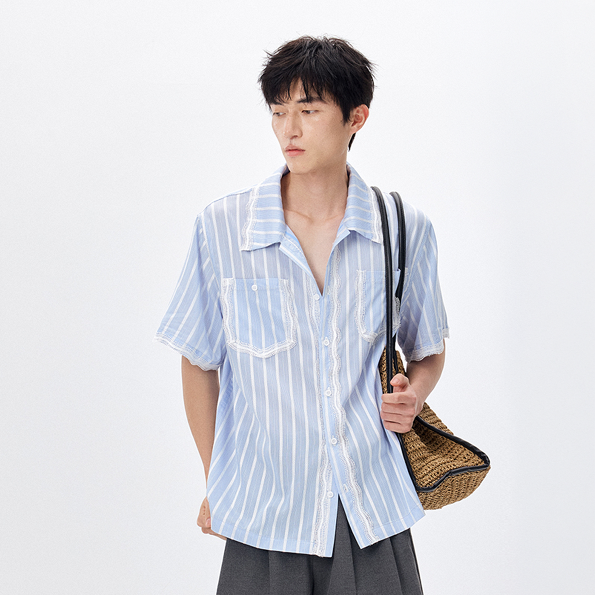 TUIMU Lace-Trim Striped Shirt-Half shirt-S-Free Shipping Leatheretro