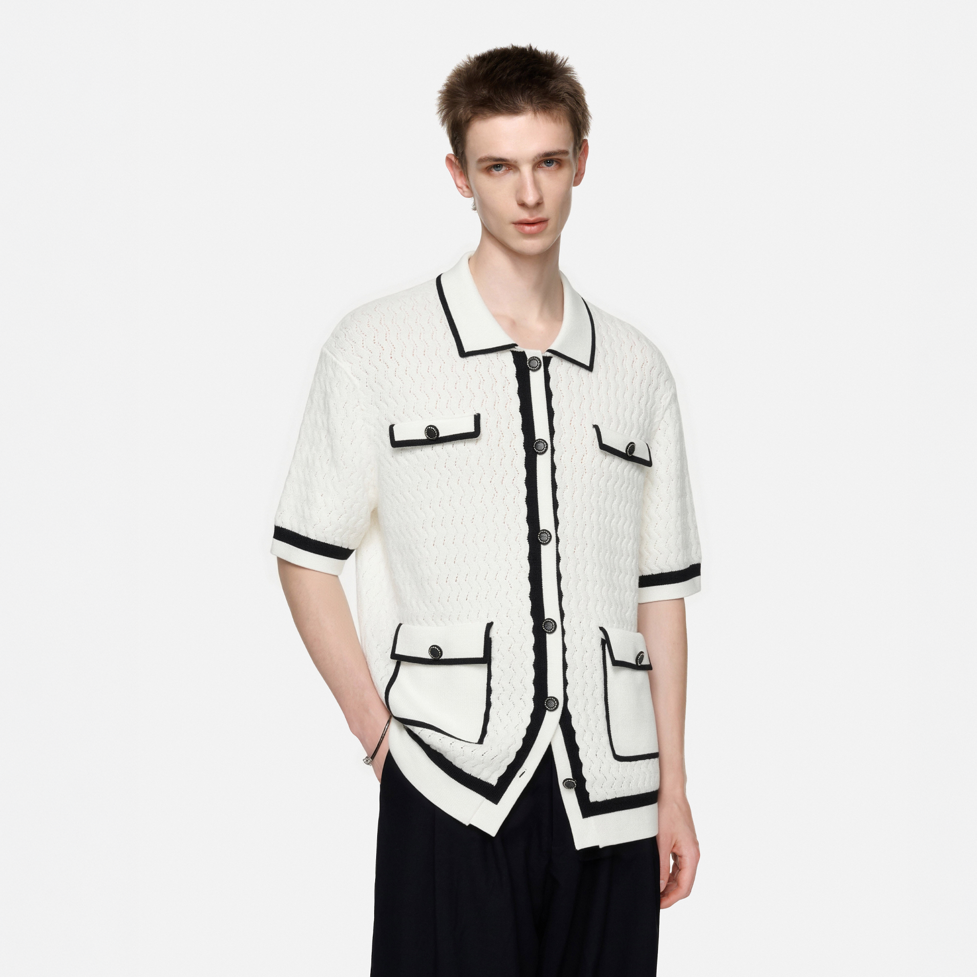 TIWILLTANG Contrast Trim Knitted Half Shirt-Half shirt-S-Black-Free Shipping Leatheretro