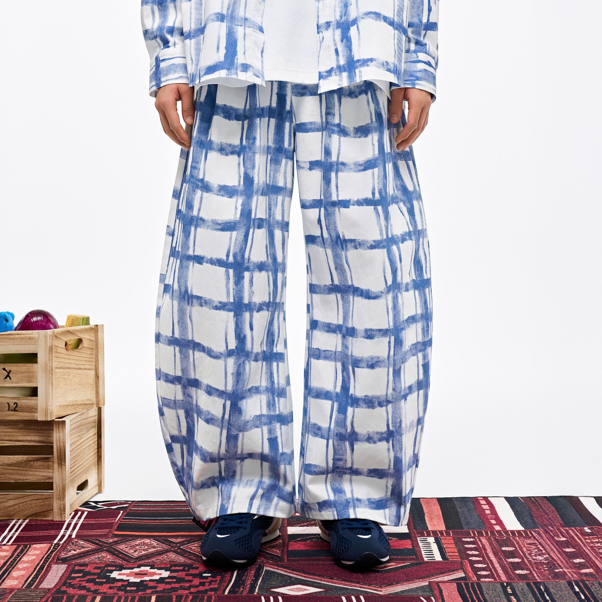 OVERLAPS Brush-Paint Grid Wide-Leg Pants-Pants-XS-Free Shipping Leatheretro