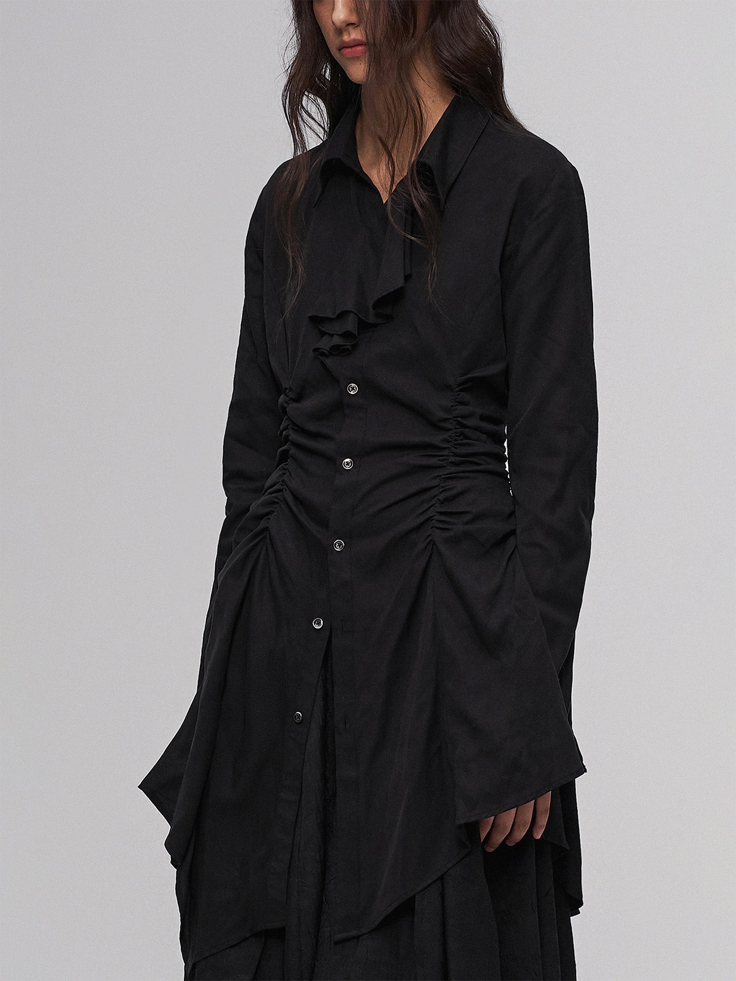 ILNya Nieternite Nifutur Asymmetric Ruched Waist Ruffle-Neck Long Shirt Black-Shirt-S (0)(Preorder)-Free Shipping Leatheretro