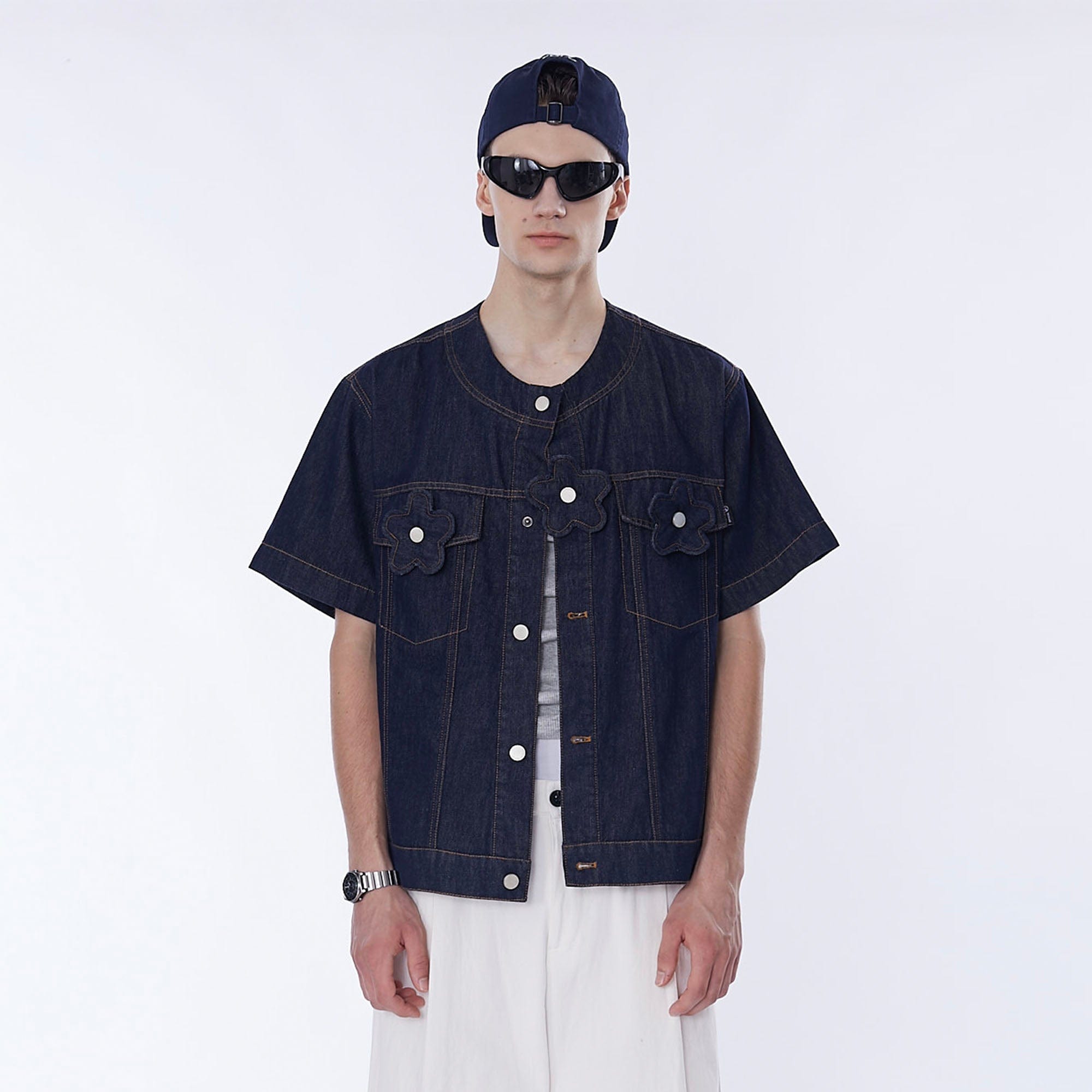 ASSEEN Flower Patchwork Stitched Raw Denim Half Shirt-Half shirt-S-Free Shipping Leatheretro