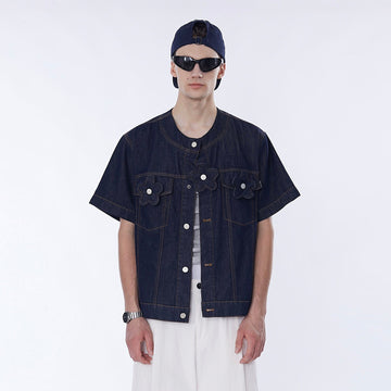 ASSEEN Flower Patchwork Stitched Raw Denim Half Shirt-Half shirt-S-Free Shipping Leatheretro