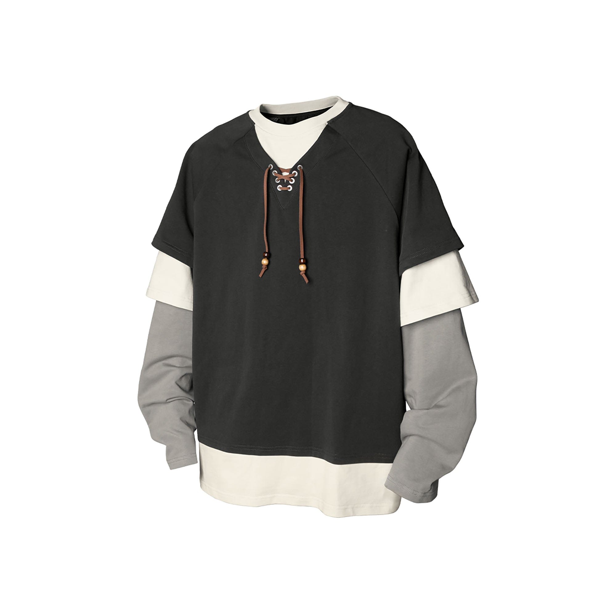 RELABEL Layered Lace-Up Sweatshirt Gray-Sweatshirt-XS-Free Shipping Leatheretro