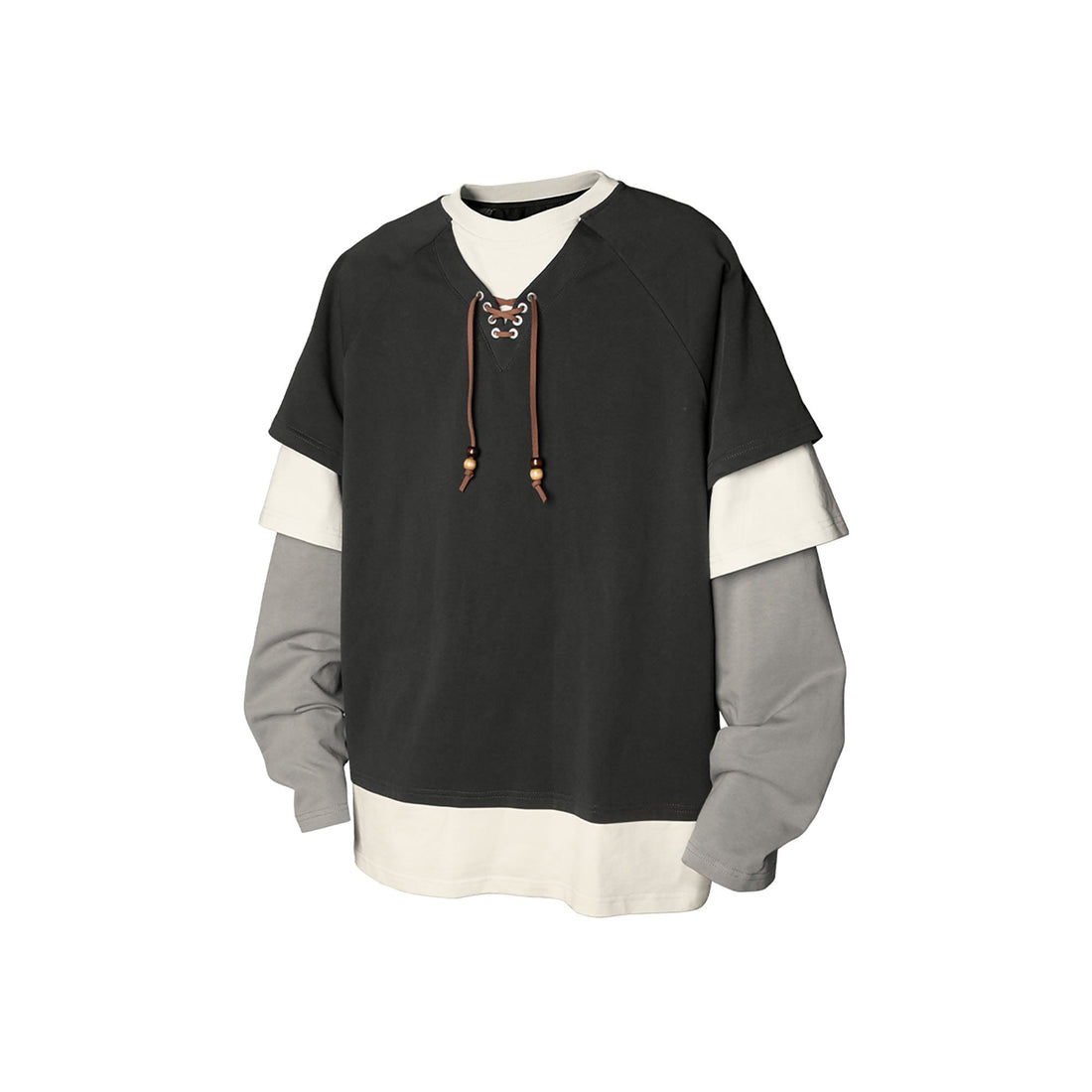 RELABEL Layered Lace-Up Sweatshirt Gray-Sweatshirt-XS-Free Shipping Leatheretro