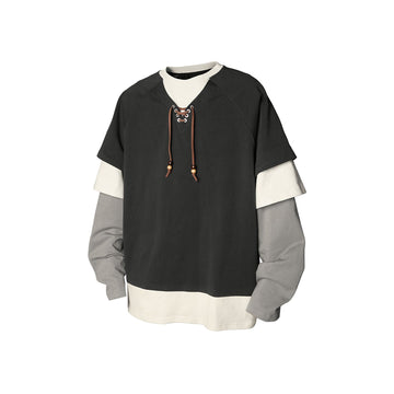 RELABEL Layered Lace-Up Sweatshirt Gray-Sweatshirt-XS-Free Shipping Leatheretro