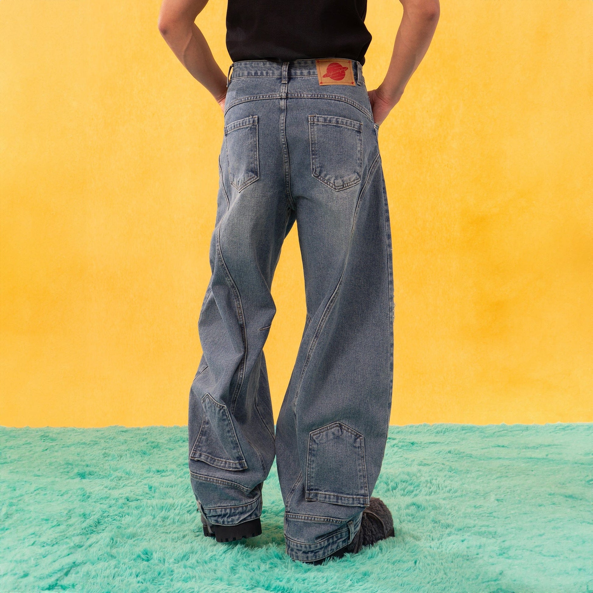 CLP Inverted-Waist Hem Paneled Distressed Jeans-Jeans-M-Free Shipping Leatheretro