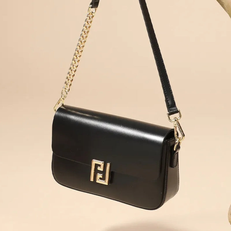 Genuine Leather Chain Flap Shoulder Bag - Cowhide Leather Lock Clasp Purse-Shoulder Bag-Black-Free Shipping Leatheretro