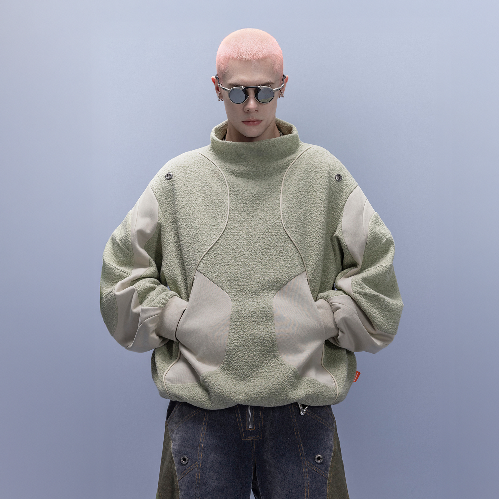 XIPHEVIL Fleece-Panel Saber-Sleeve Sweatshirt Green-Sweatshirt-XS-Free Shipping Leatheretro