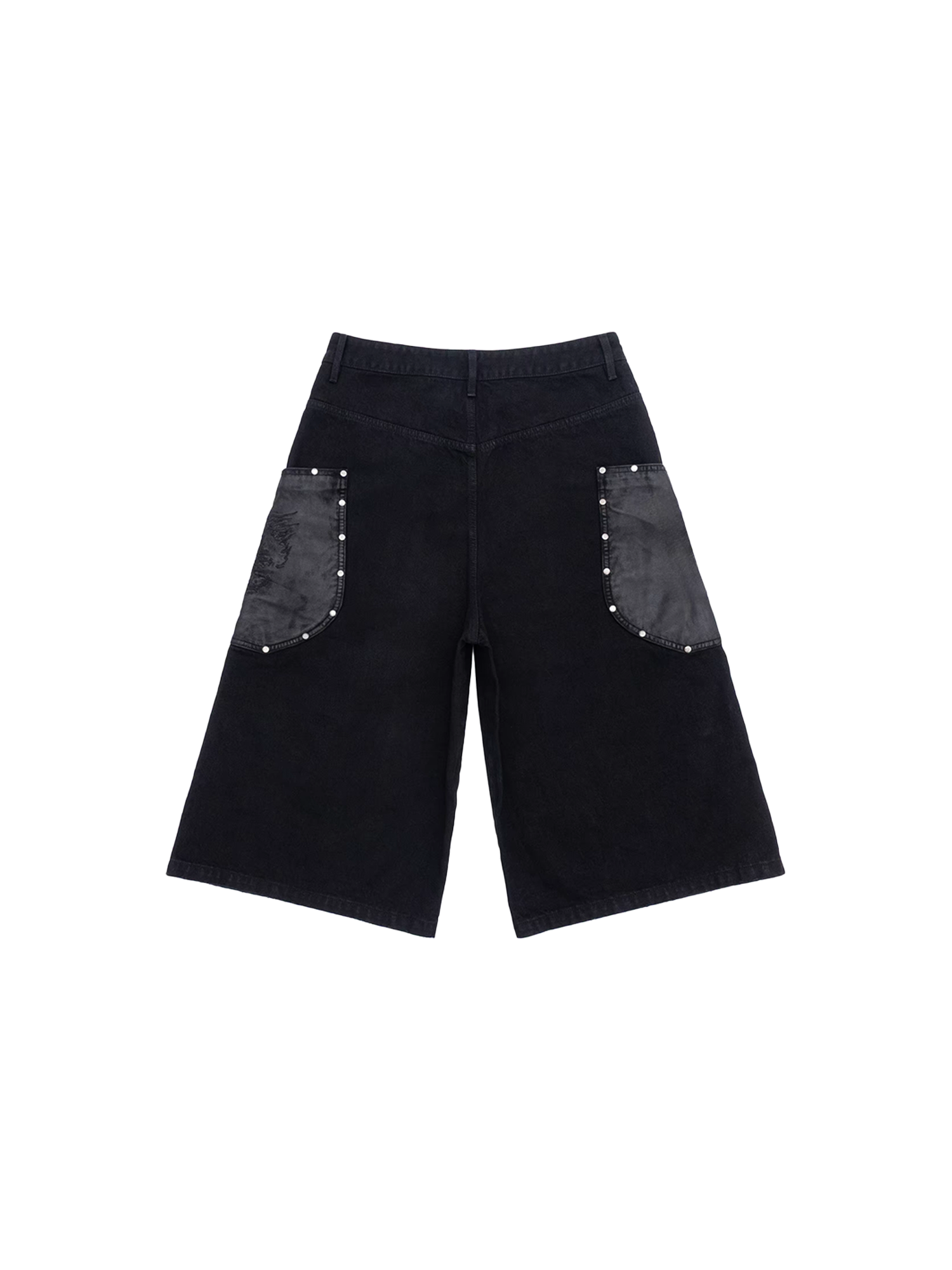 IN EXISTENCE Washed Rivet-Trim Patch Denim Shorts-Shorts-S (1)-Free Shipping Leatheretro