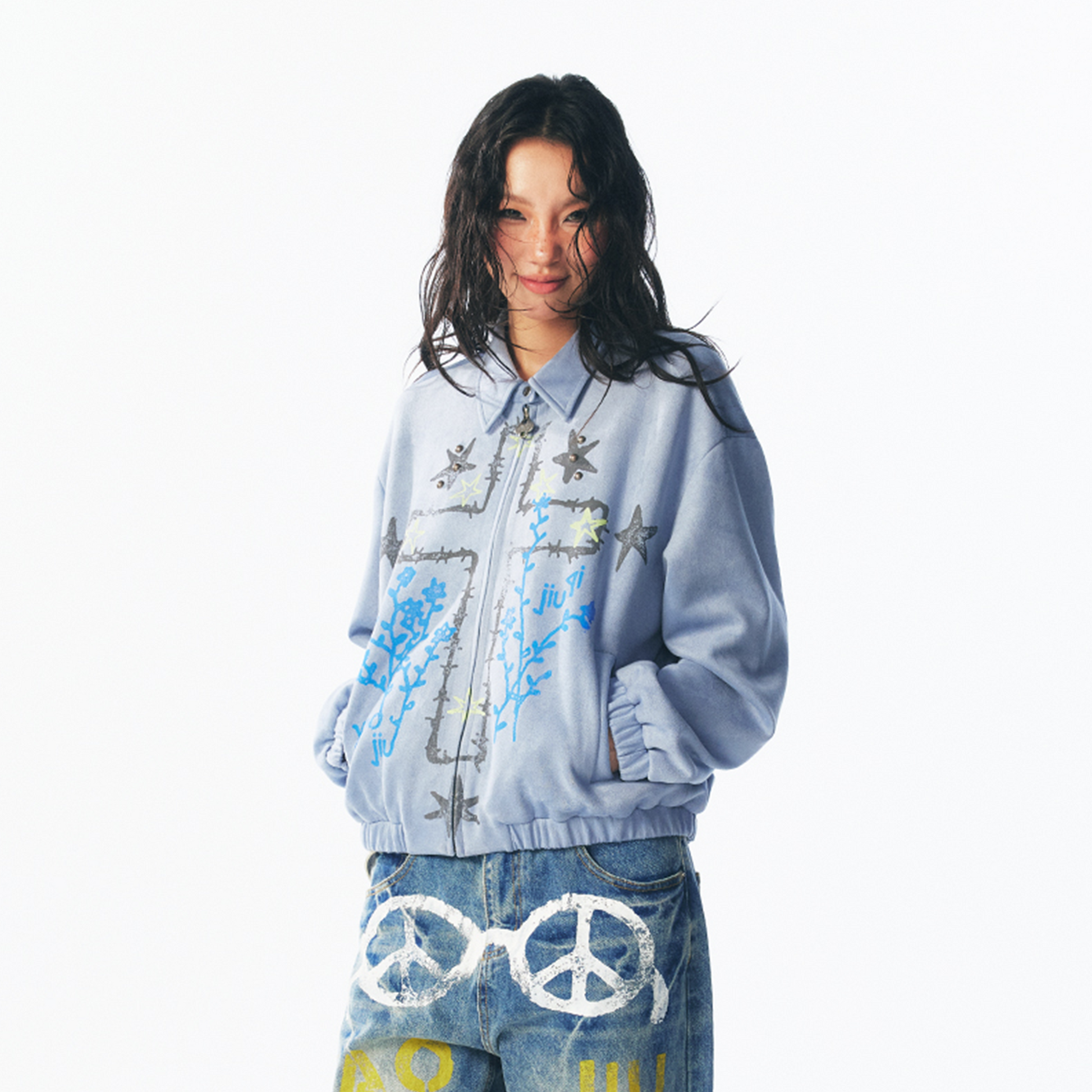 1997 POSTOFFICE Floral Cross Faux Suede Jacket-Jacket-S (Preorder)-Blue-Free Shipping Leatheretro