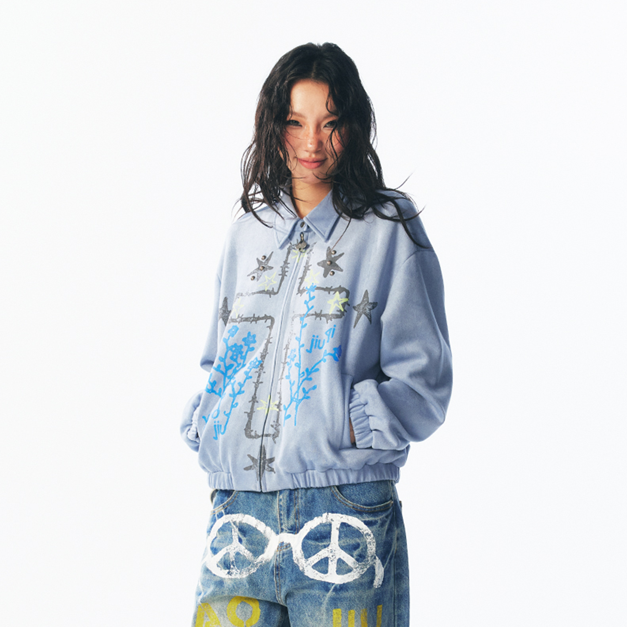 1997 POSTOFFICE Floral Cross Faux Suede Jacket-Jacket-S (Preorder)-Blue-Free Shipping Leatheretro