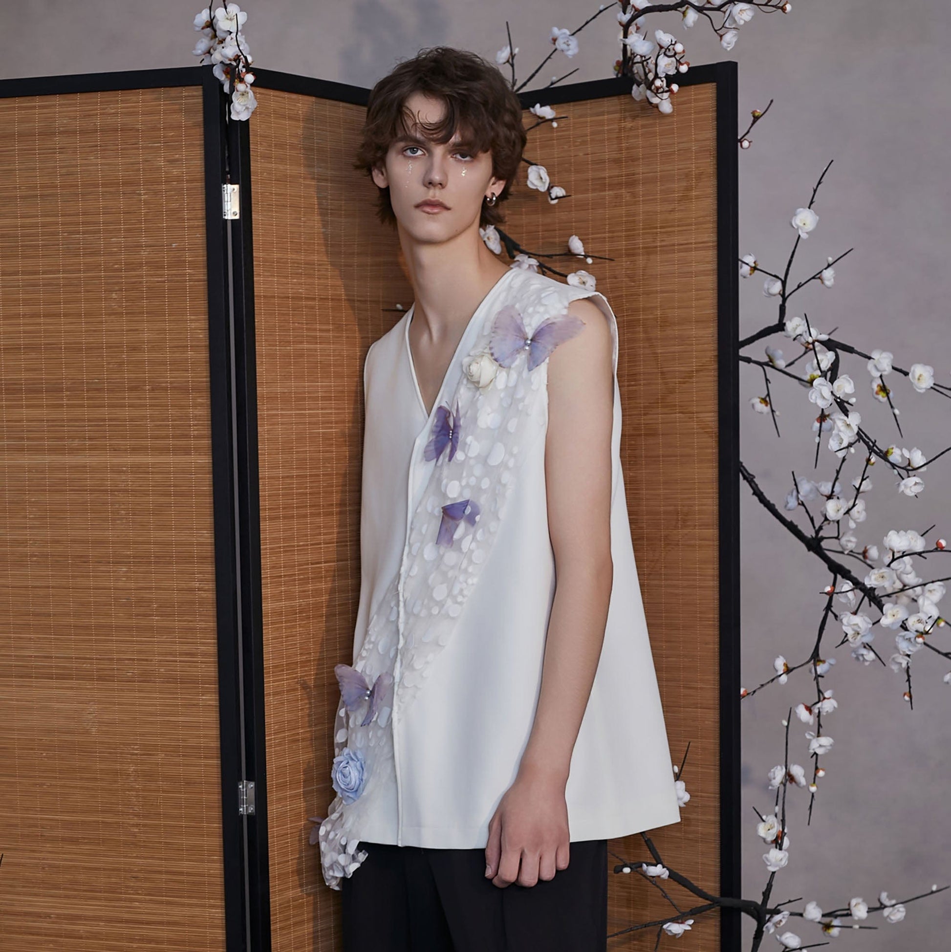 JIECHI Butterfly&Floral Asymmetrical Sheer V-Neck Vest-Vest-M-Free Shipping Leatheretro