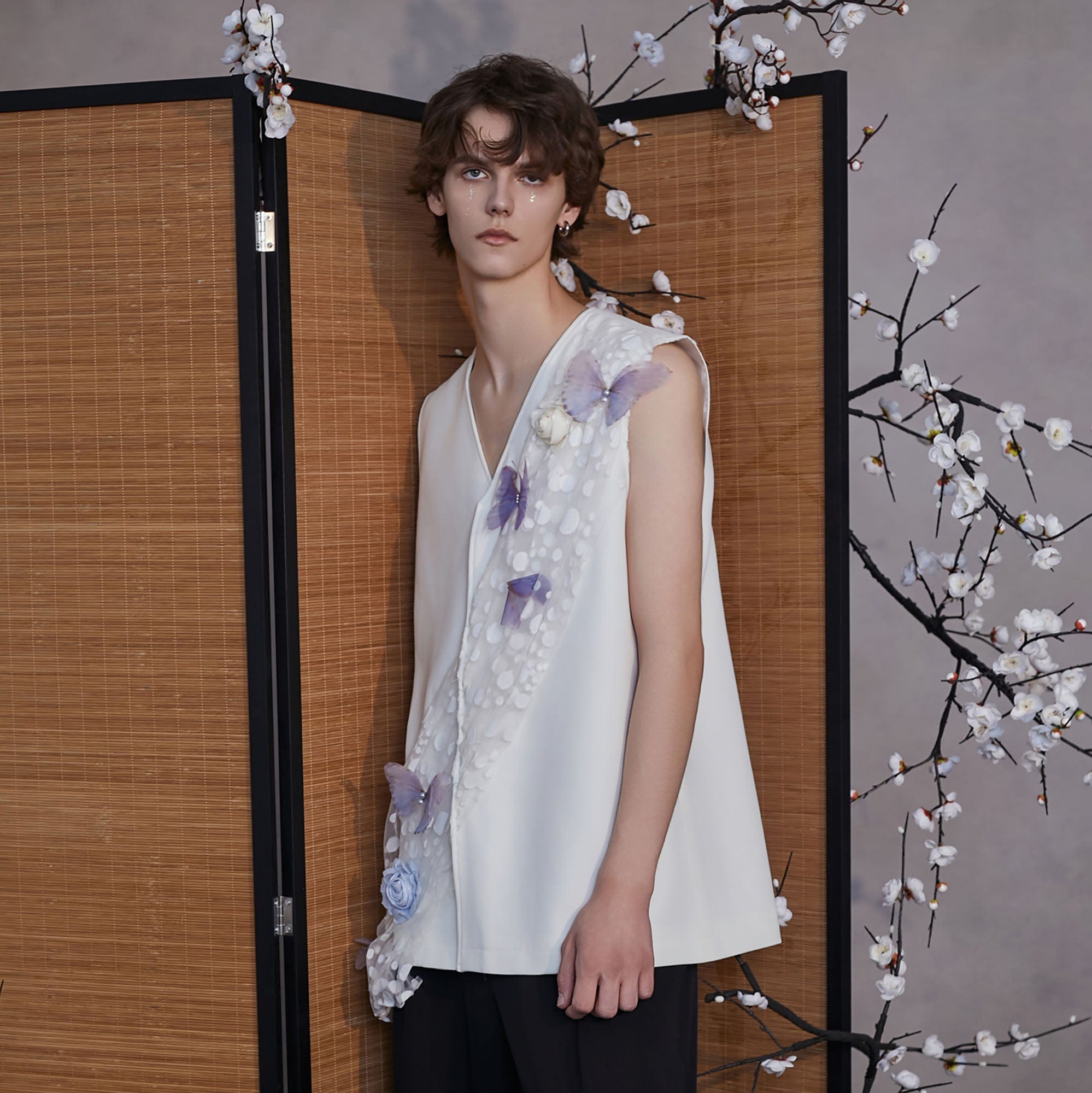 JIECHI Butterfly&Floral Asymmetrical Sheer V-Neck Vest-Vest-M-Free Shipping Leatheretro