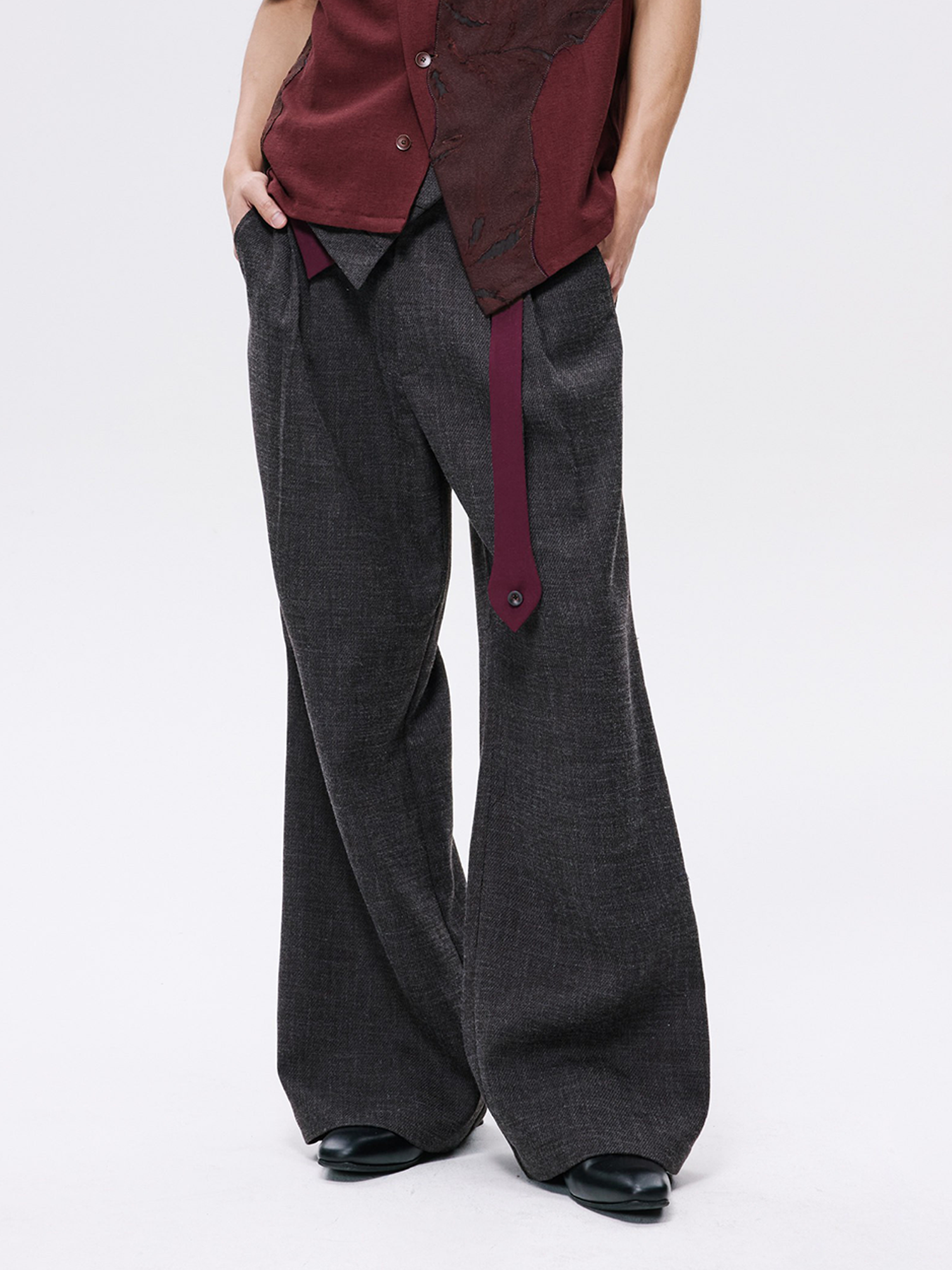 ALVNG AR ANTS Detachable Contrast Waist Tie Pleated Trousers-Pants-S / 31"-Brown-Free Shipping Leatheretro