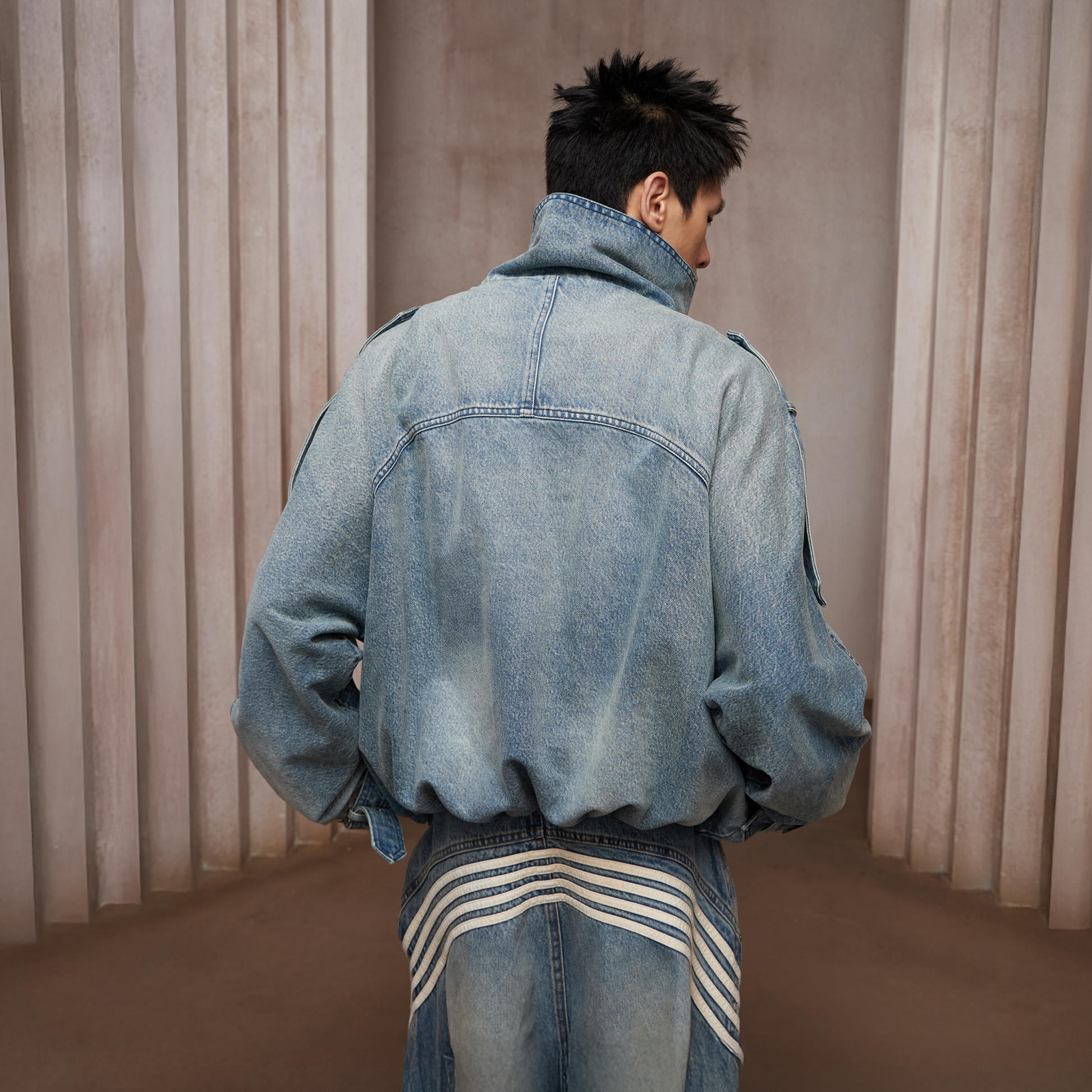 DND4DES Washed Double-Breasted Multi-Pocket Denim Bomber-Jacket-S (Preorder)-Free Shipping Leatheretro