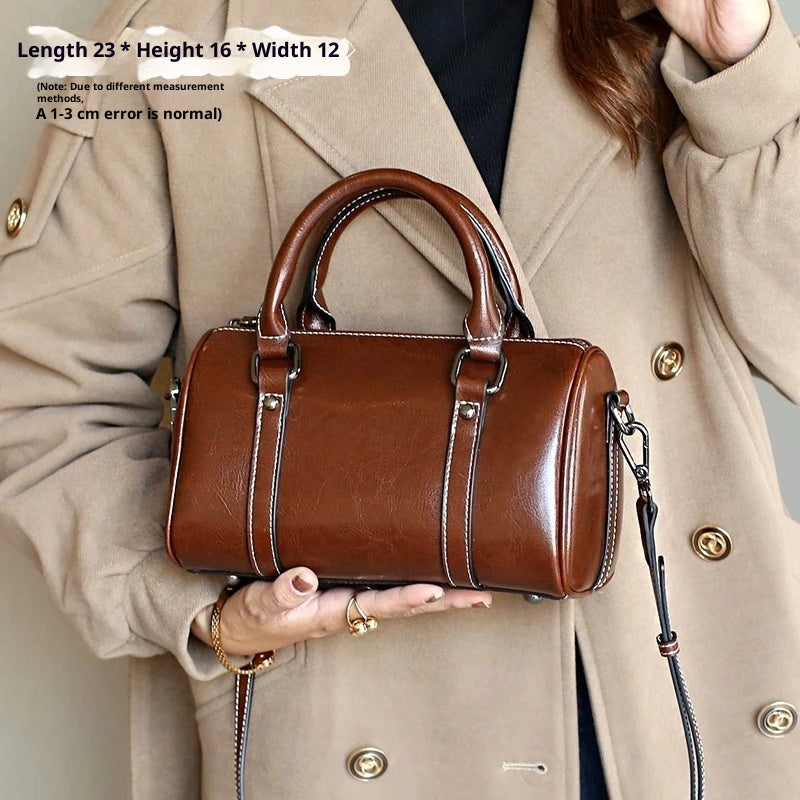 Cortex Lady Casual Zip Crossbody Bag - Top Grain Leather Cylinder Bag-Crossbody Bag-Black-Free Shipping Leatheretro