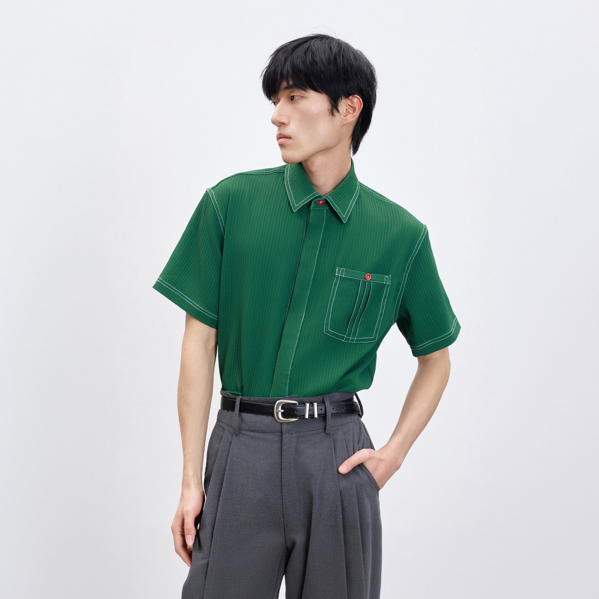 TUIMU Essential Contrast-Stitch Shirt-Shirt-S (Preorder)-Short-Free Shipping Leatheretro