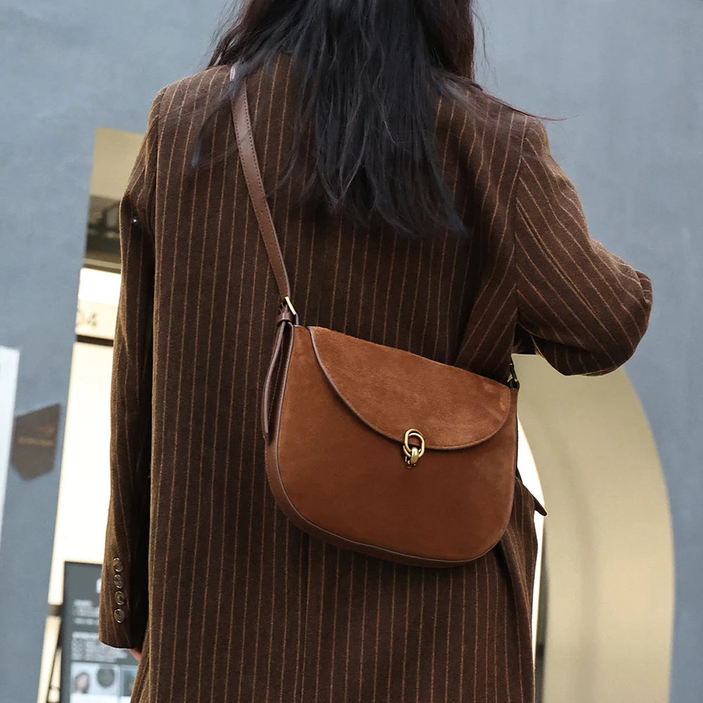 Luxury Women’s Leather Suede Shoulder Saddle Crossbody Bag-Handbags-Brown-Free Shipping Leatheretro