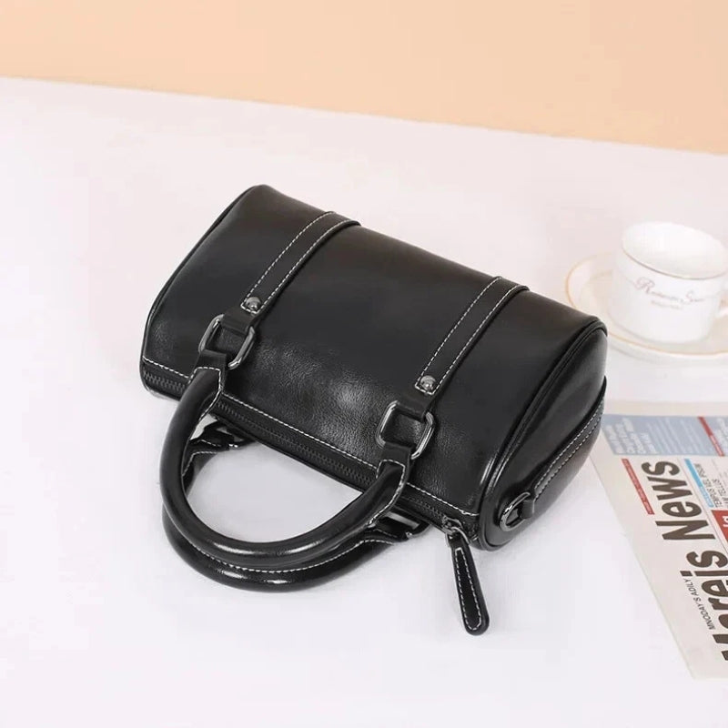 Cortex Lady Casual Zip Crossbody Bag - Top Grain Leather Cylinder Bag-Crossbody Bag-Black-Free Shipping Leatheretro