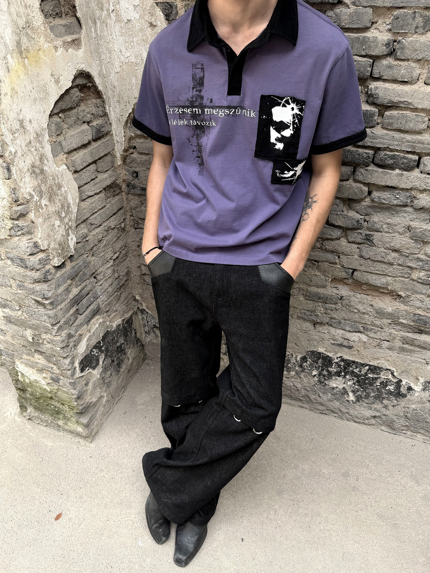 ESAIAS Washed Portrait Cross Graphic Polo Shirt-T Shirt-S-Free Shipping Leatheretro