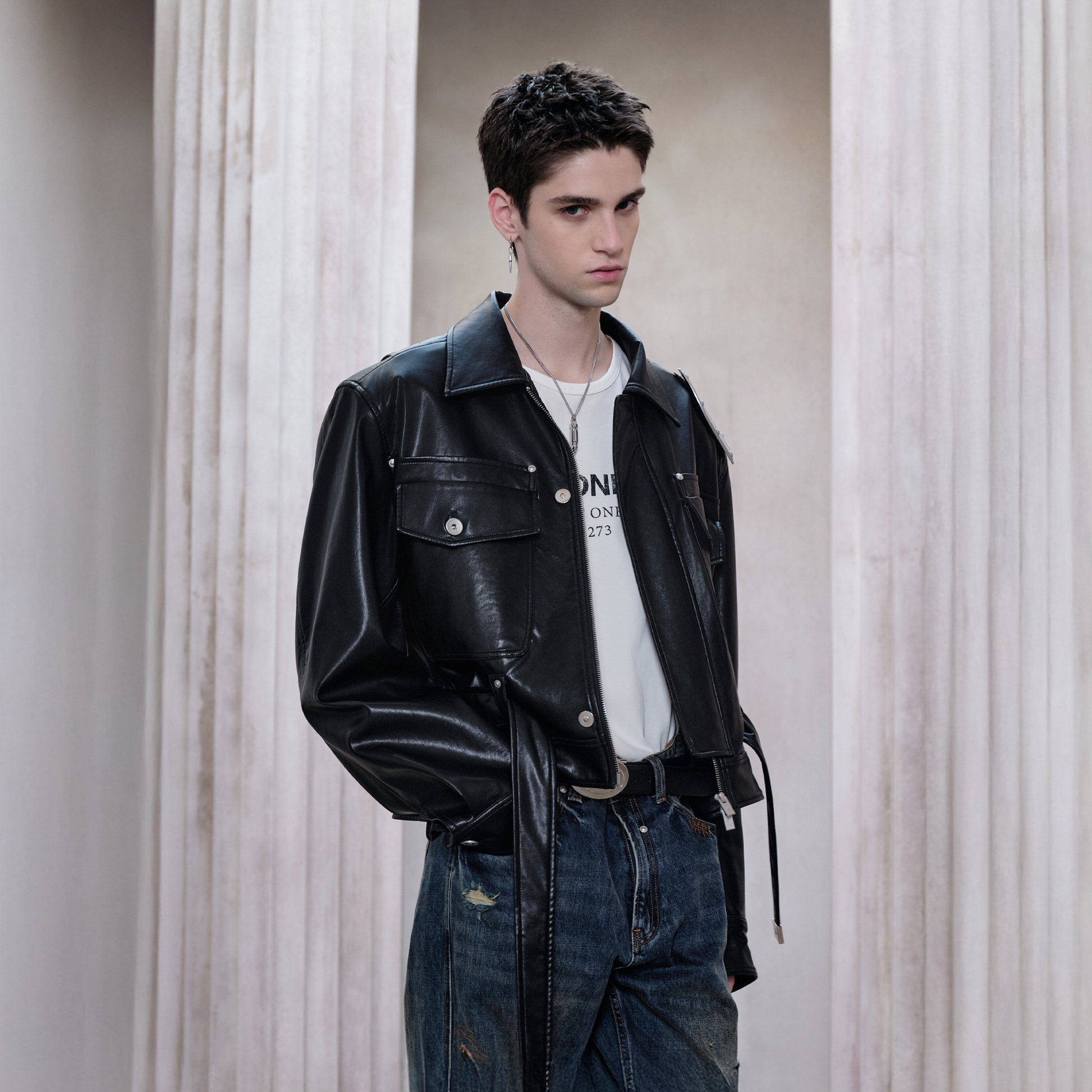 FACEONLAB Metal Epaulettes Belted Faux Leather Jacket Black-Jacket-M (Preorder)-Free Shipping Leatheretro