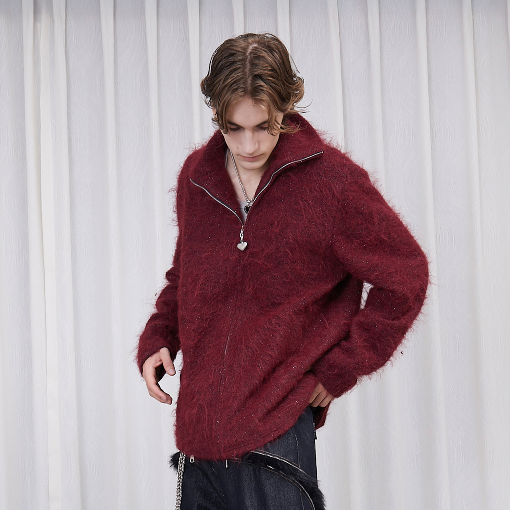 ASSEEN Asym-Zip Glitter Mohair Cardigan-Jacket-S-Free Shipping Leatheretro