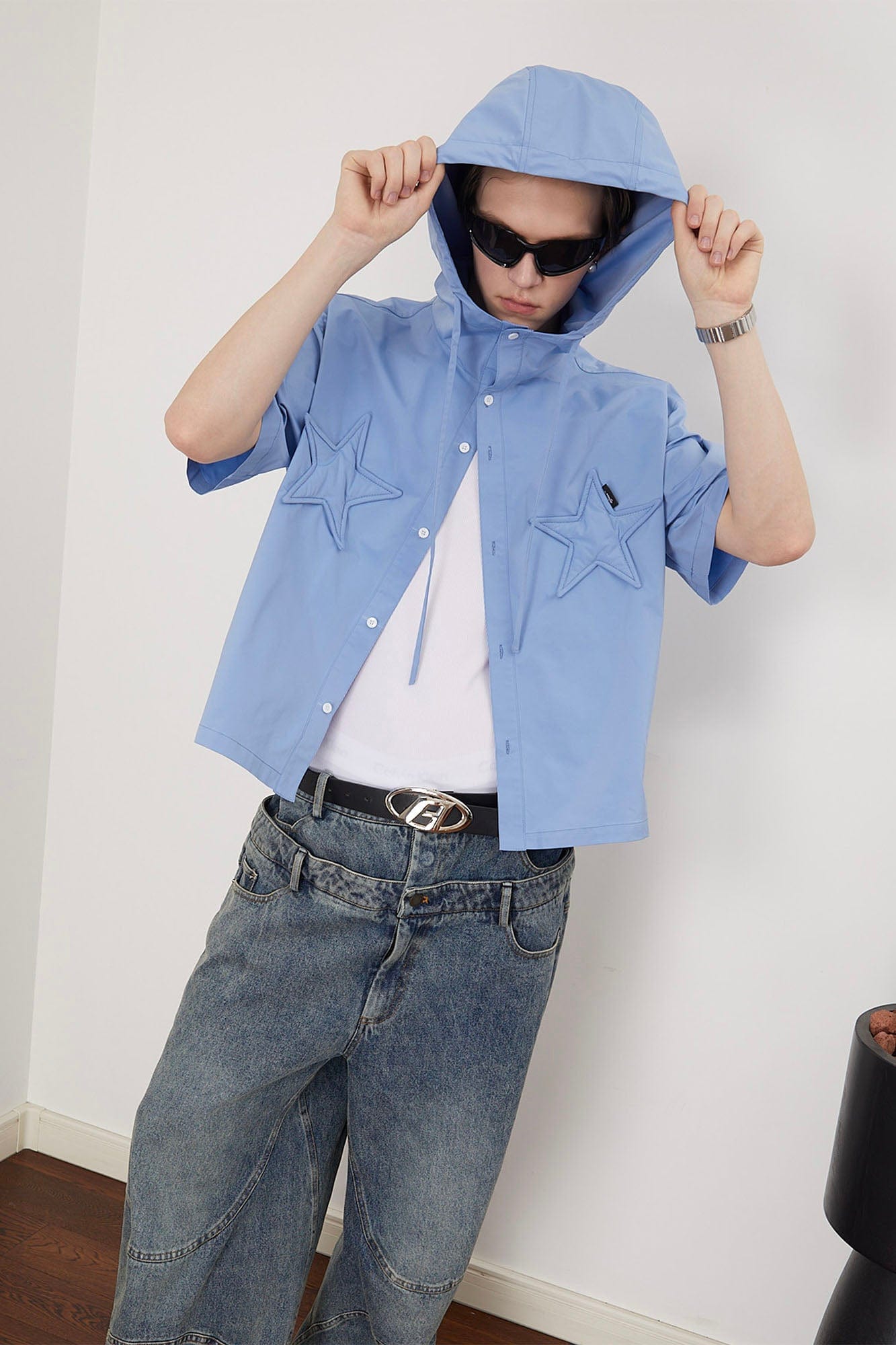 ASSEEN Star Patchwork Hooded Half Shirt-Half shirt-S-Free Shipping Leatheretro