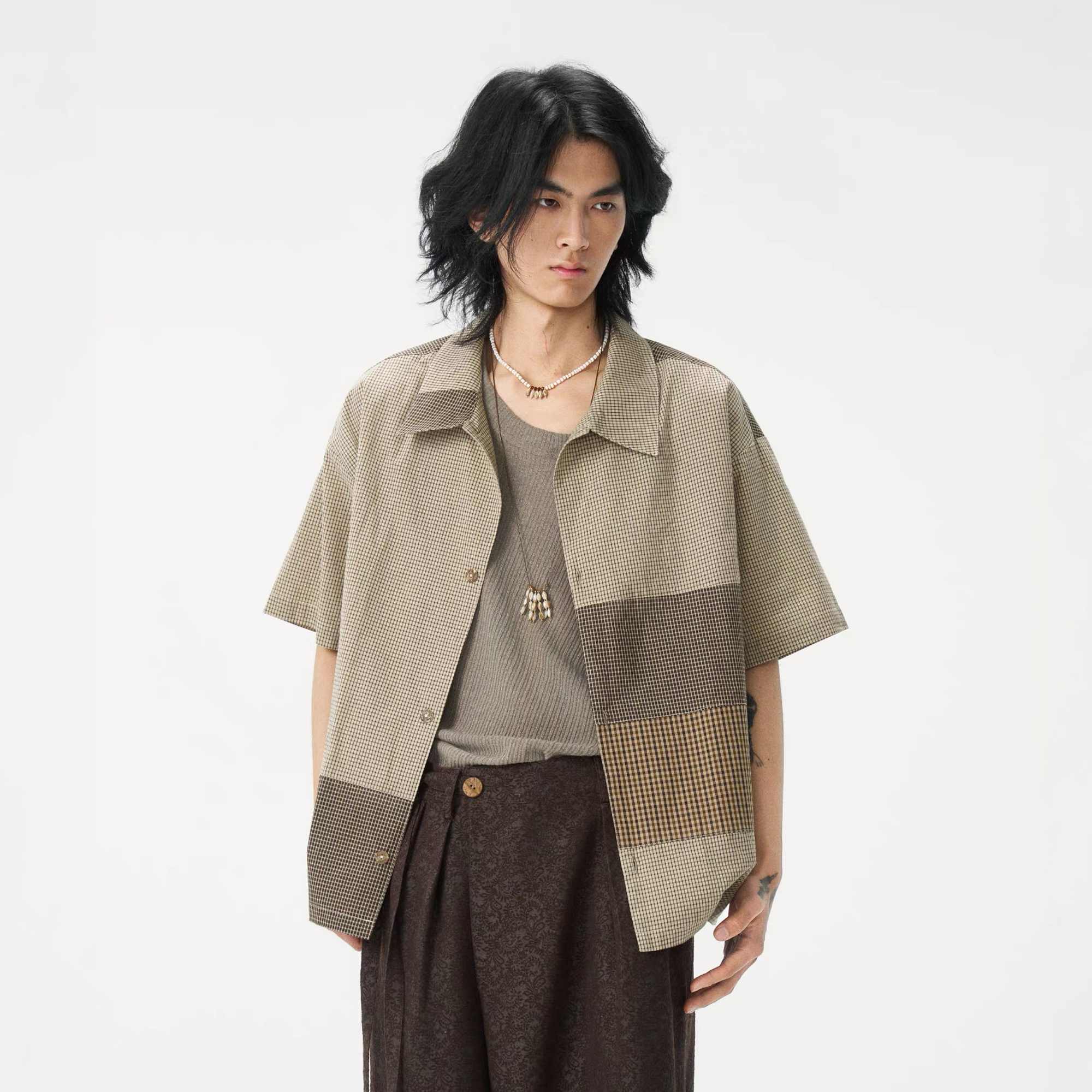 GONGHE REPUB Patchwork Check Relaxed Shirt-Half shirt-S-Free Shipping Leatheretro