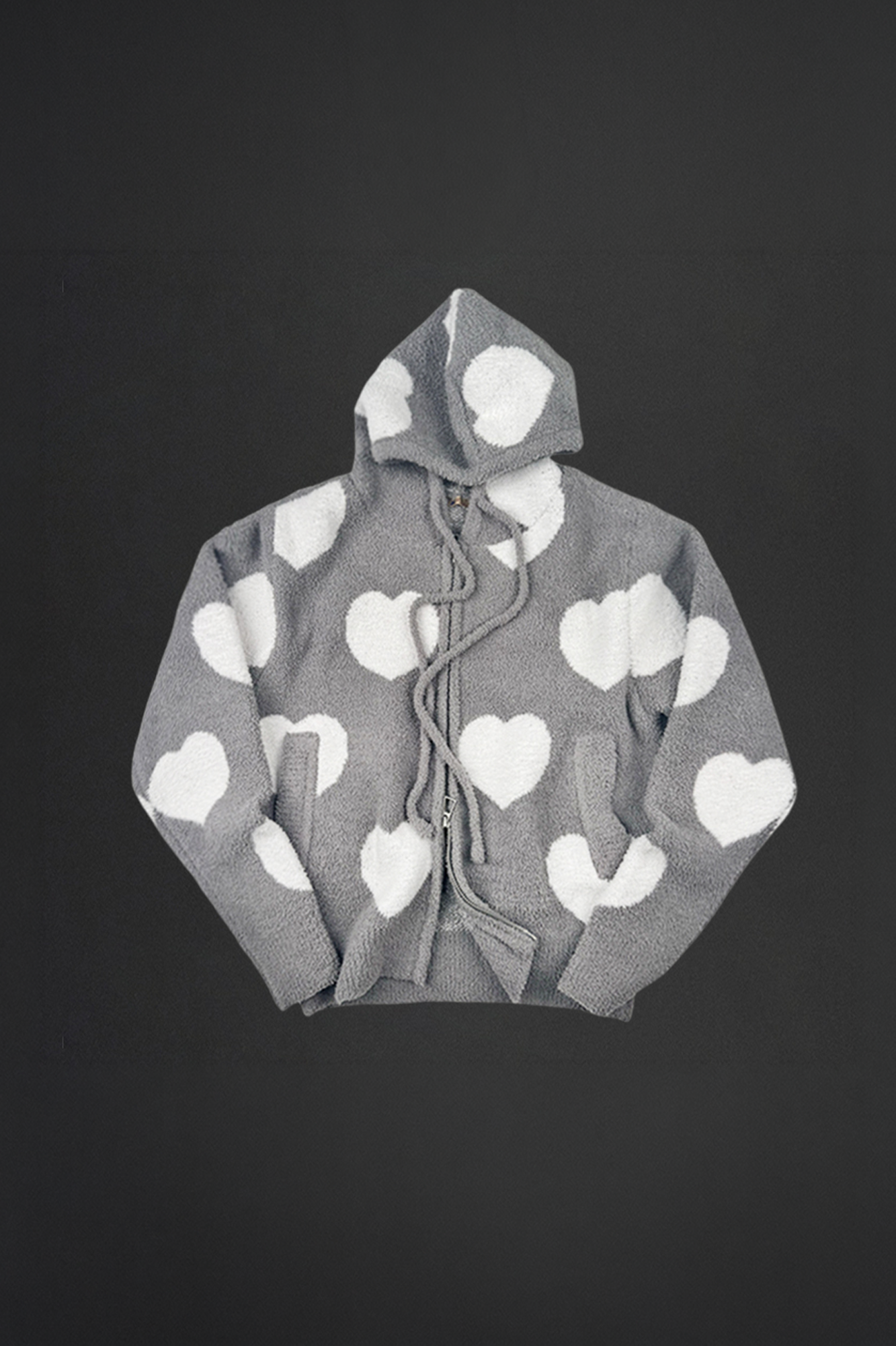 NIANJIUYIKOUER Fuzzy Heart Jacquard Zip-Up Hooded Cardigan-Jacket-XS-Free Shipping Leatheretro