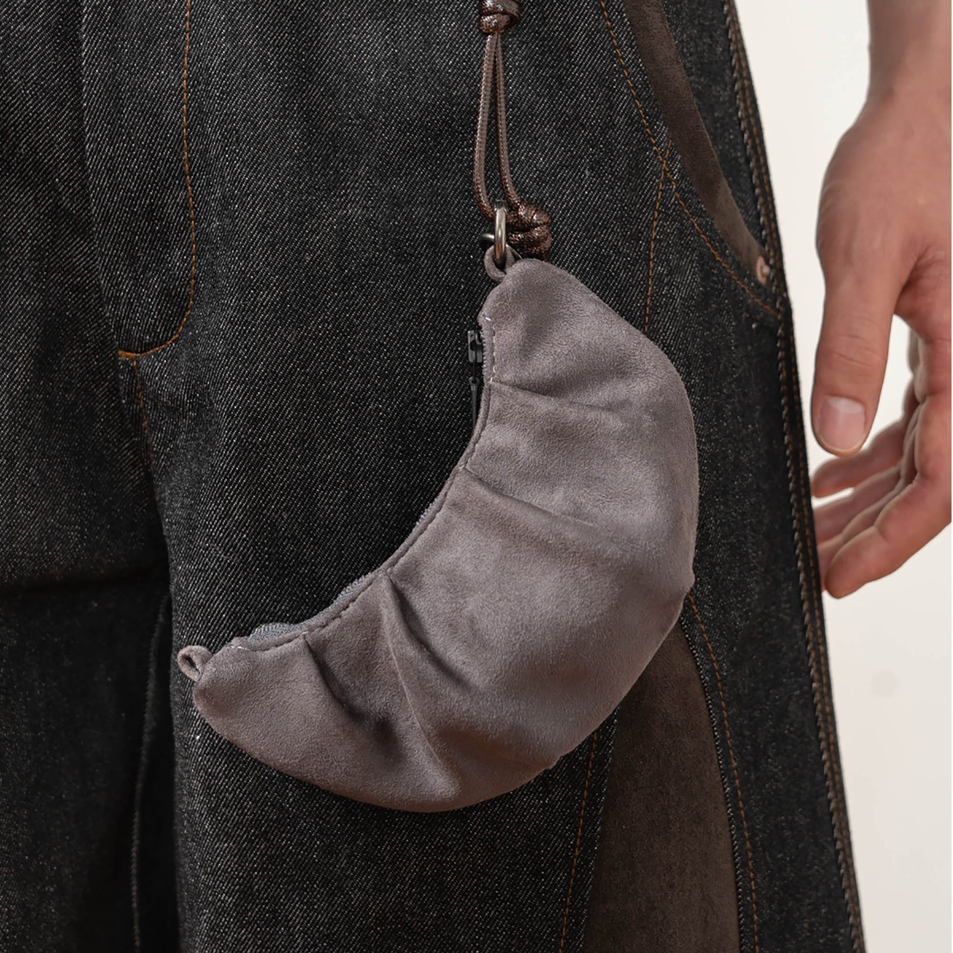 MOITIEDEPETALE Mini Croissant Coin Pouch-Bag-Gray (Suede)-Free Shipping Leatheretro
