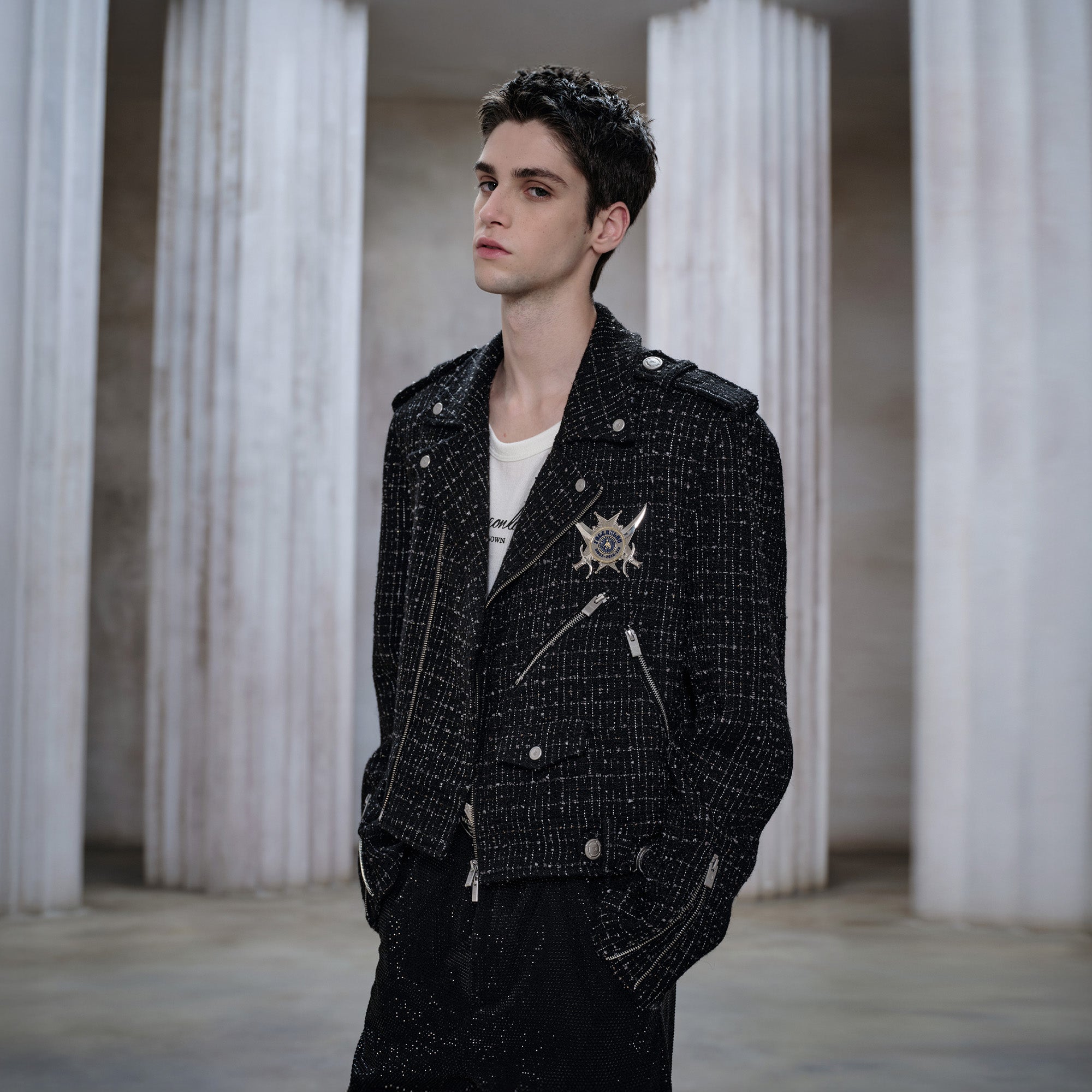 FACEONLAB Metal Badge Multi-Zip Tweed Biker Jacket-Jacket-M-Free Shipping Leatheretro