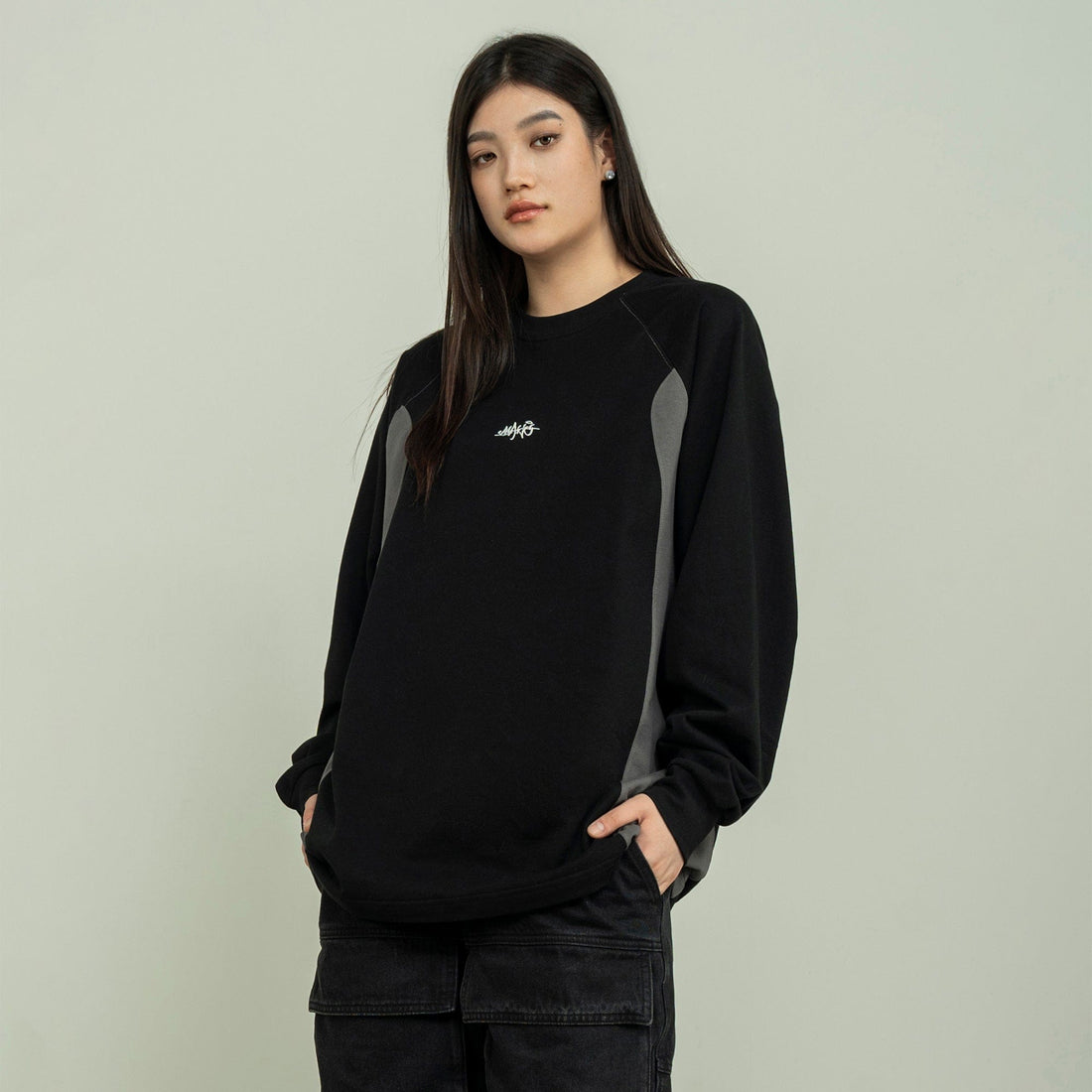 MAKEMORE Modern Deconstructed Embroidered Long-Sleeve Tee-L/S Tee-S-Gray-Free Shipping Leatheretro