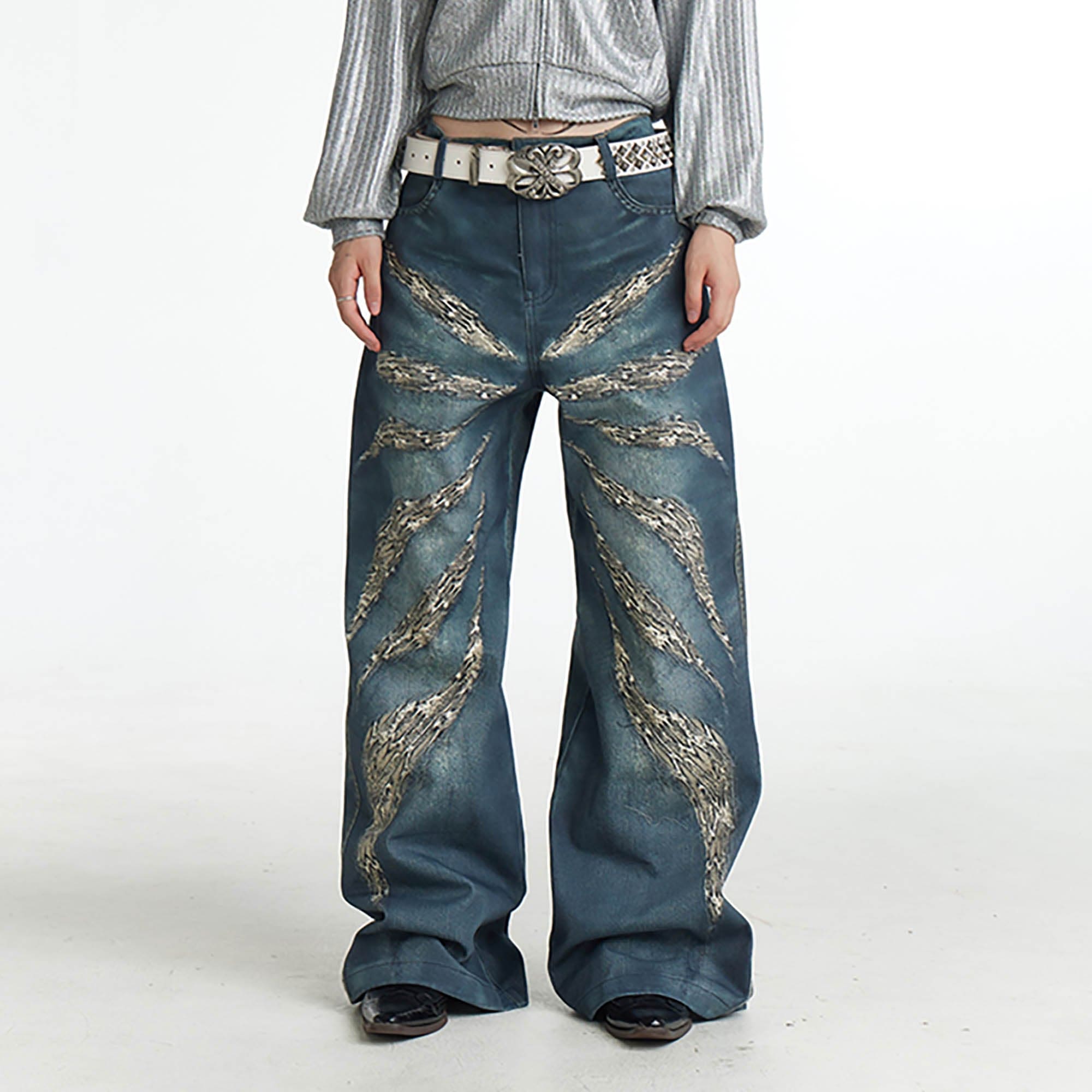 DND4DES×Faychui Leopard Wings Embroidered Wide-Leg Jeans-Jeans-S-Free Shipping Leatheretro
