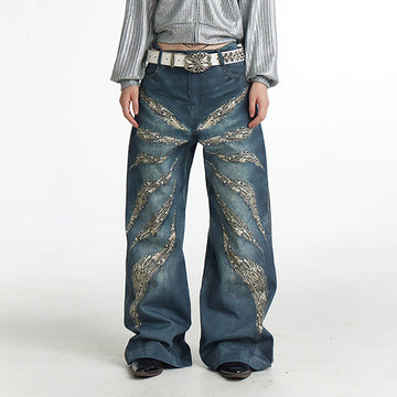 DND4DES×Faychui Leopard Wings Embroidered Wide-Leg Jeans-Jeans-S-Free Shipping Leatheretro