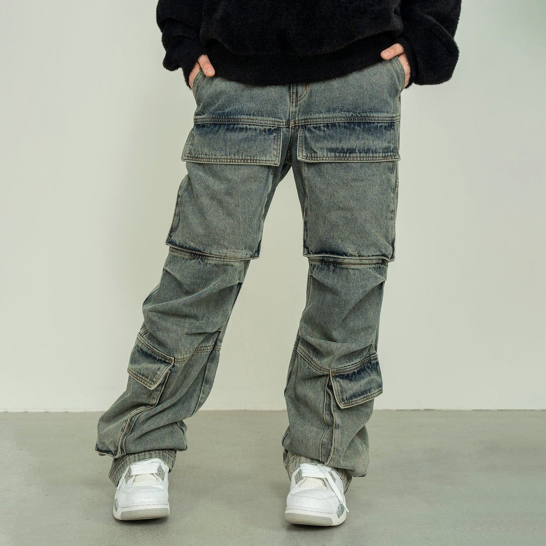 MAKEMORE Washed Denim Cargo-Jeans-M-Black-Free Shipping Leatheretro