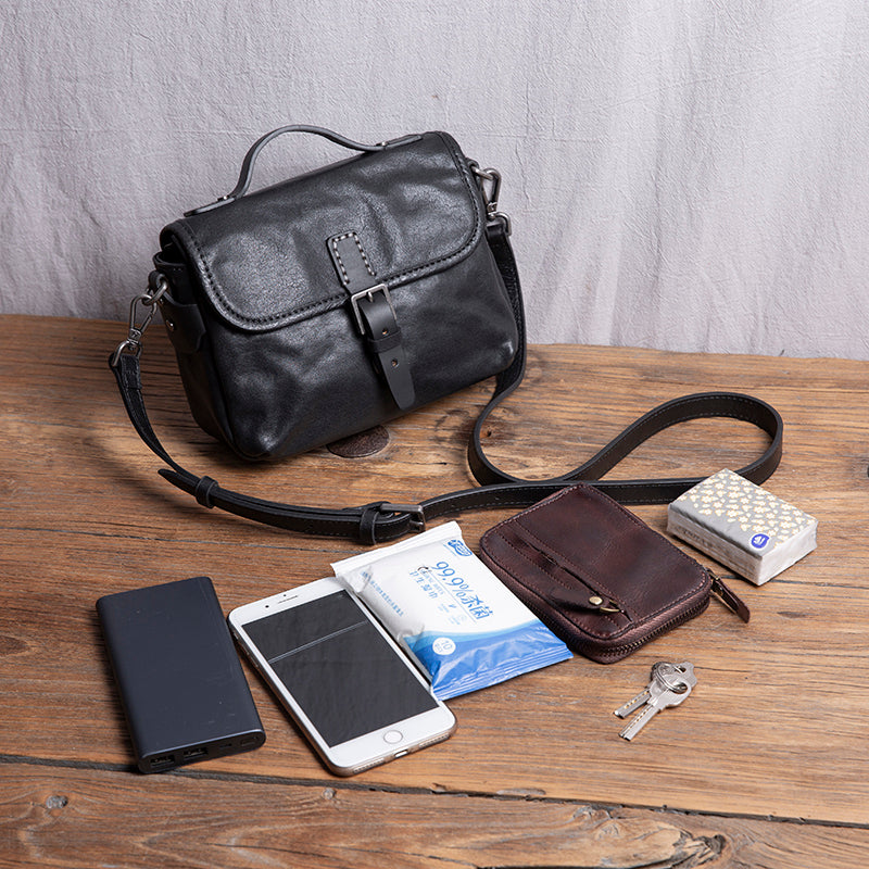 Men's Leather Handmade Shoulder Bag - Vintage Cowhide Crossbody Bags-Crossbody Bag-Black-Free Shipping Leatheretro