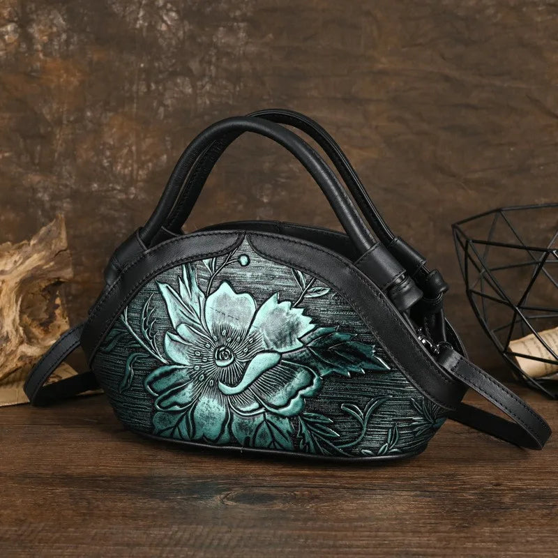 Women's Vintage Genuine Leather Handbag - Embossed Handmade Shoulder Bag-Blue-Free Shipping Leatheretro