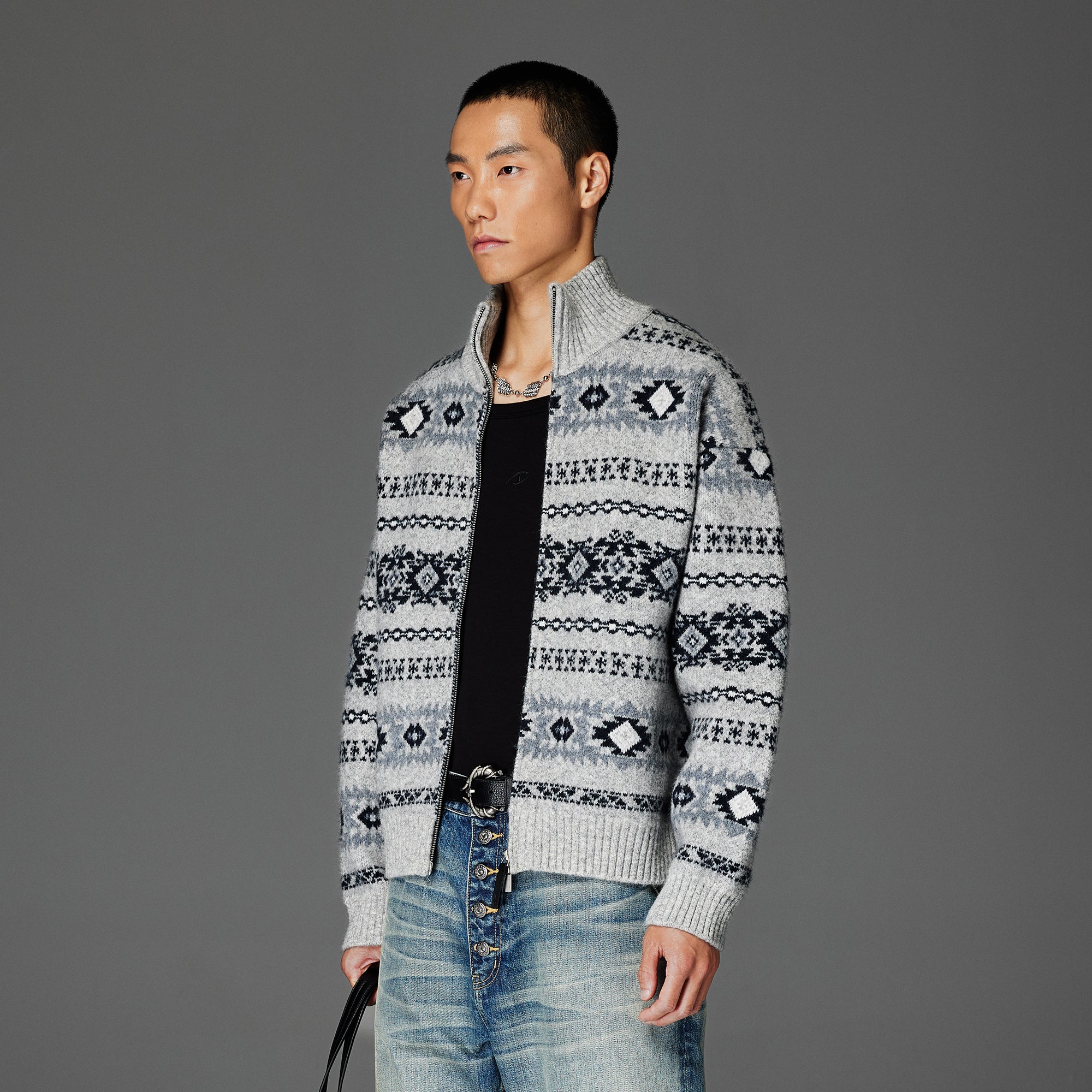 CATSSTAC Geometry Jacquard Zip-Up Cardigan-Jacket-M (Preorder)-Coffee-Free Shipping Leatheretro