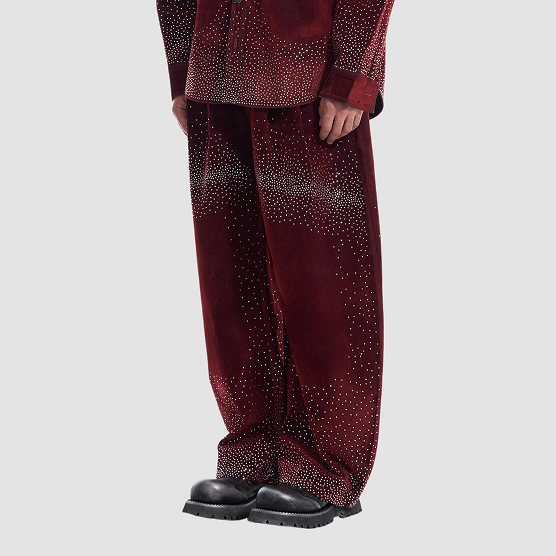 VANN VALRENCE Diamond-Studded Velvet Barrel Leg Trousers-Pants-S-Free Shipping Leatheretro